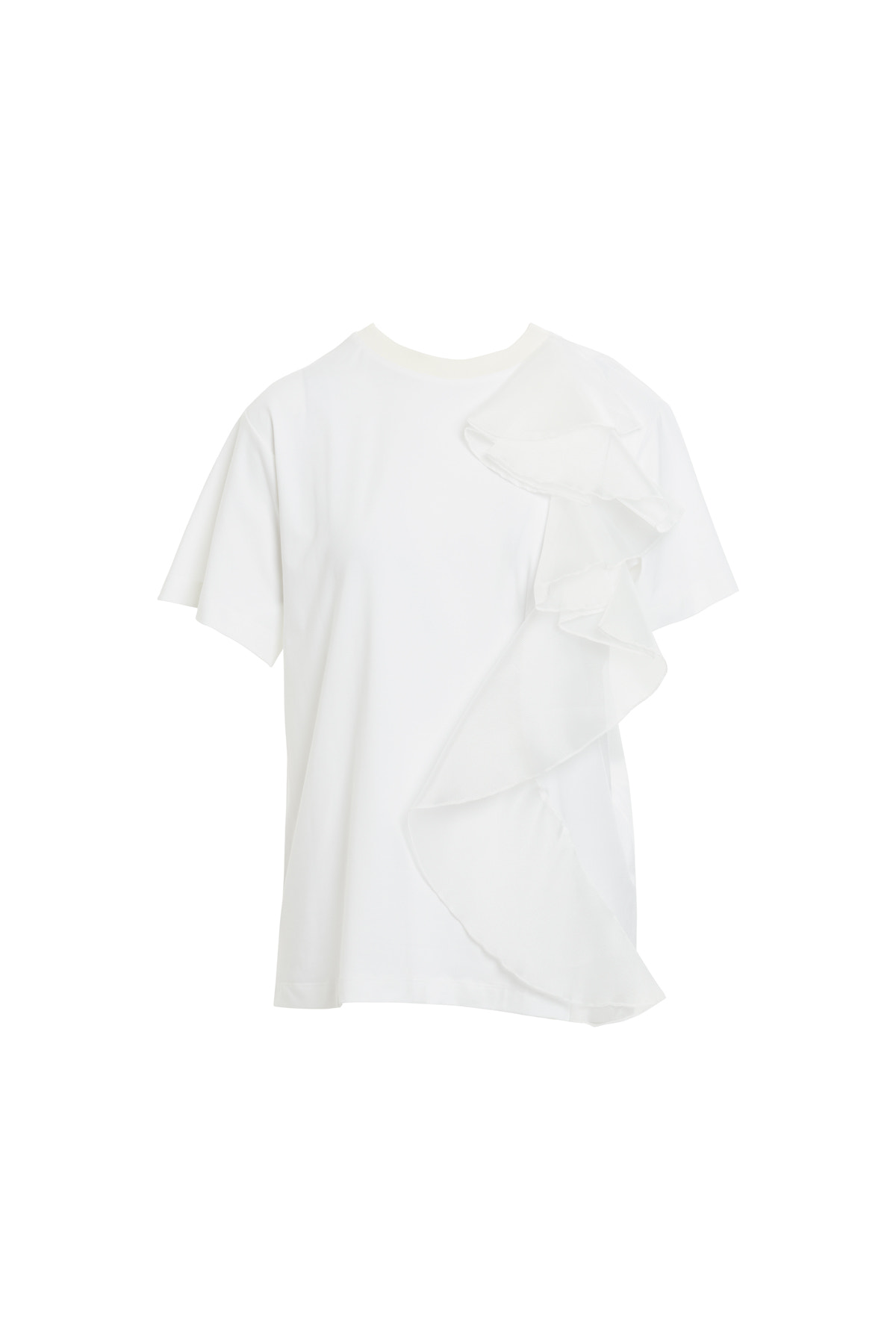 Yuvarlak Yaka Organze Volanlı Kısa Kollu Beyaz T-shirt