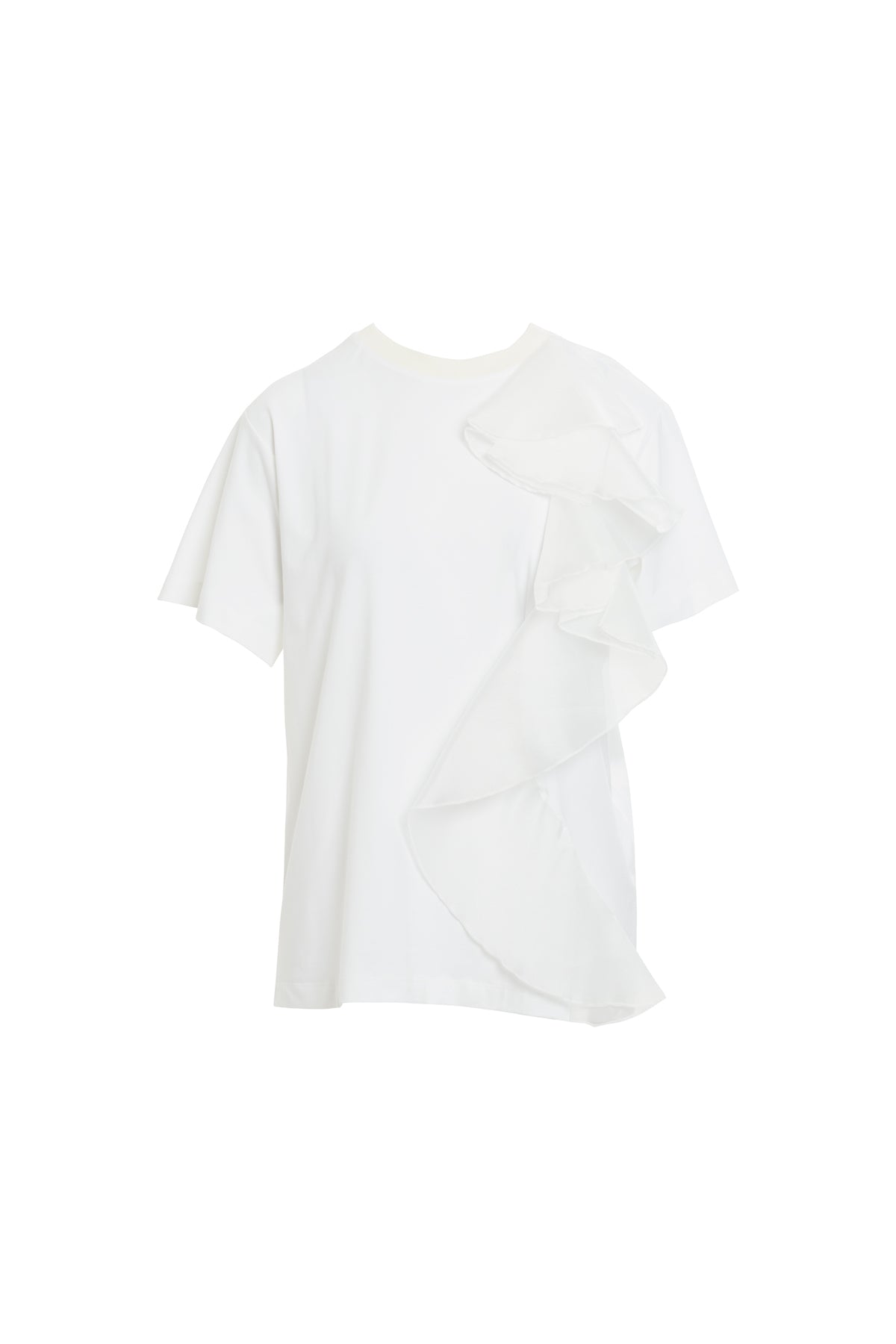 Yuvarlak Yaka Organze Volanlı Kısa Kollu Beyaz T-shirt