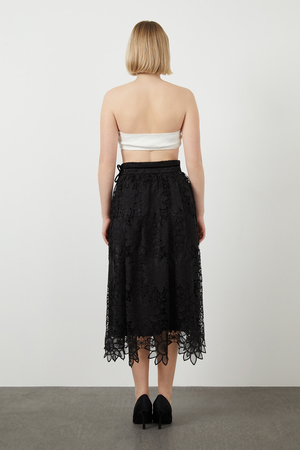 Yüksek Bel Dantelli Midi Etek