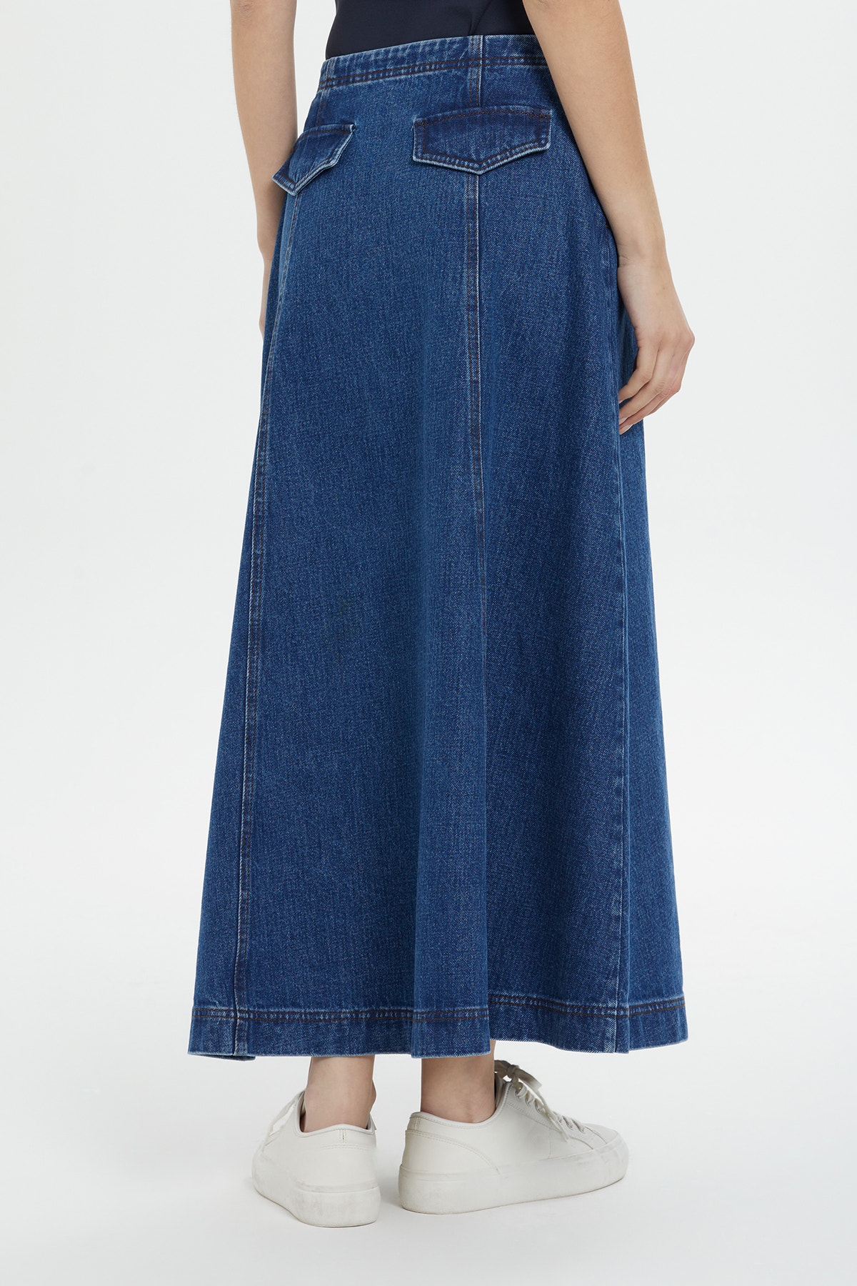 Cep Detaylı Uzun Denim Etek