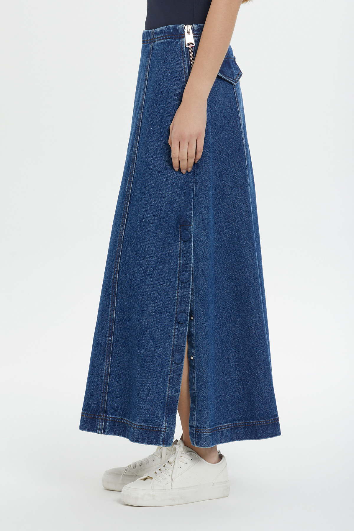 Cep Detaylı Uzun Denim Etek