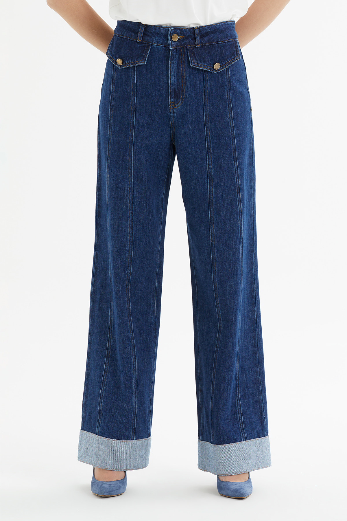 Katlamalı Geniş Paça Jean Pantolon