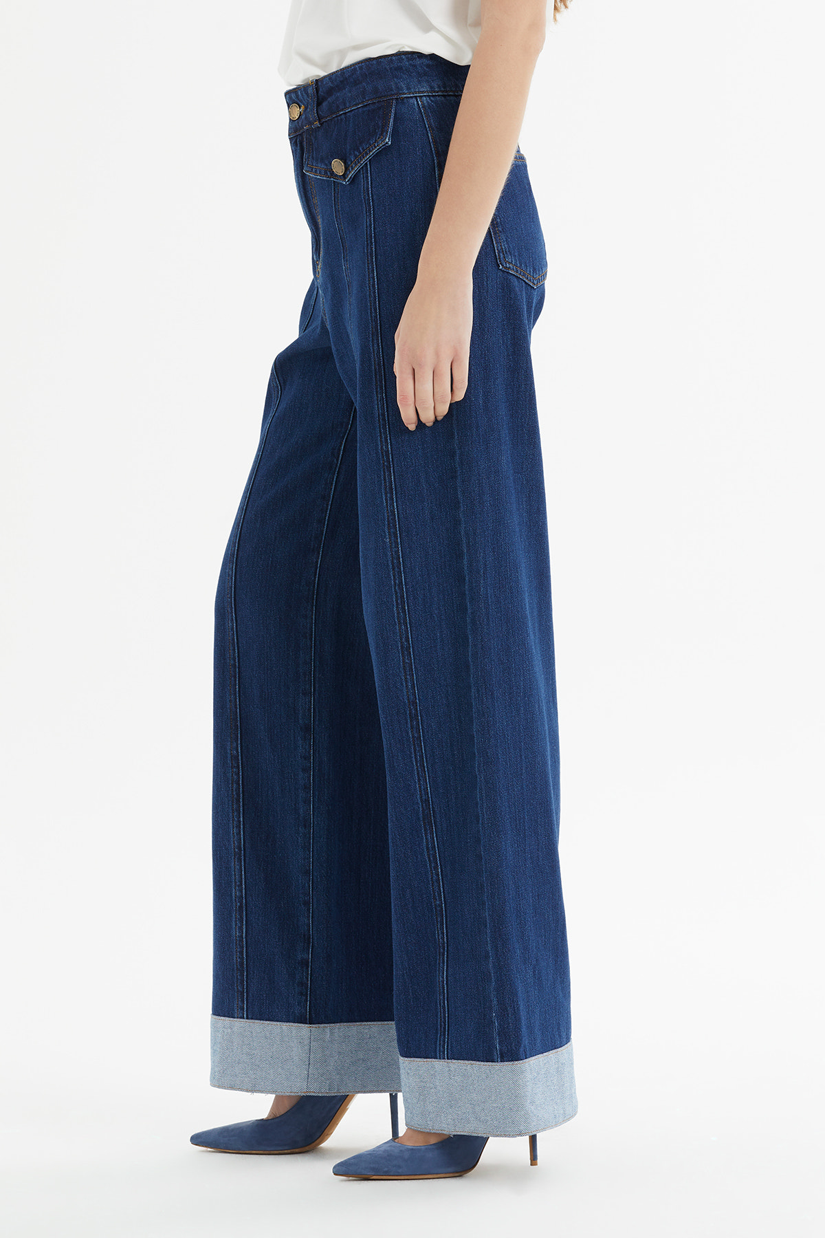 Katlamalı Geniş Paça Jean Pantolon