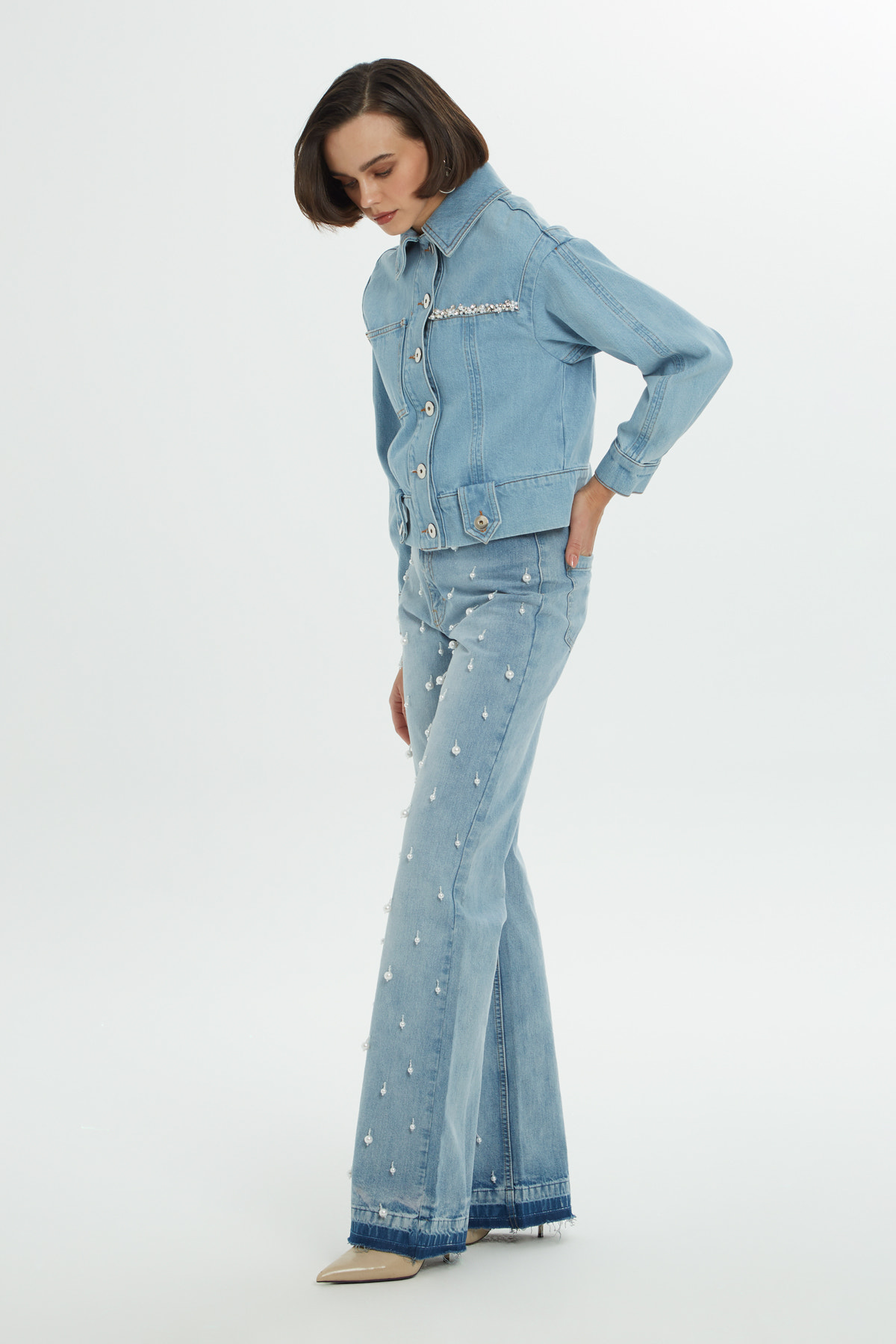 Pencere Detaylı Taşlı Denim Ceket