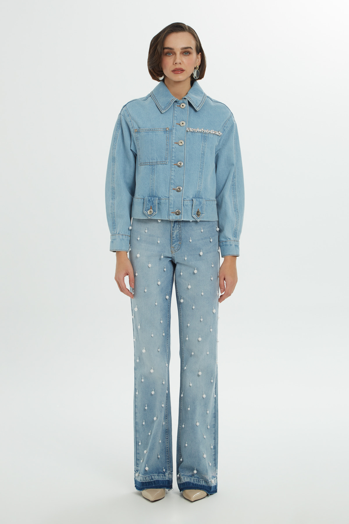 Pencere Detaylı Taşlı Denim Ceket