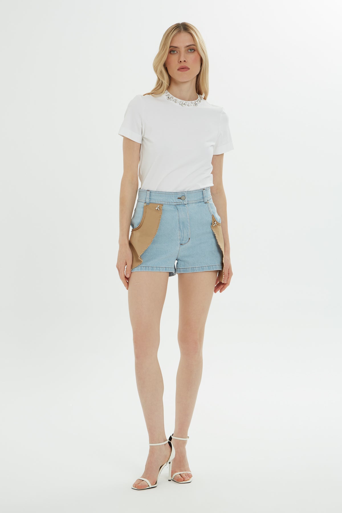 Çift Renkli Mini Denim Şort
