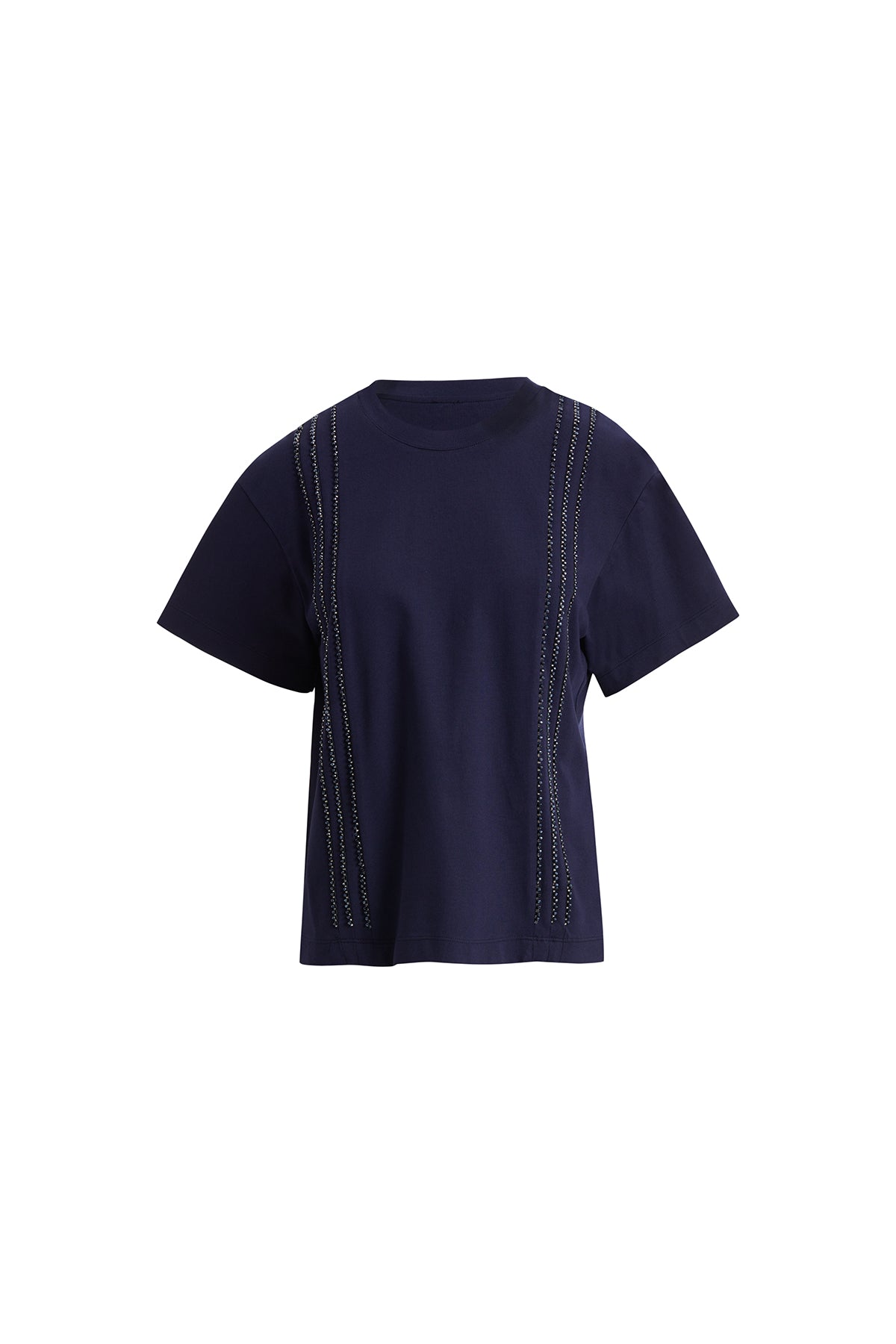 Ön Şerit Aksesuarlı Kısakollu Lacivert T-shirt
