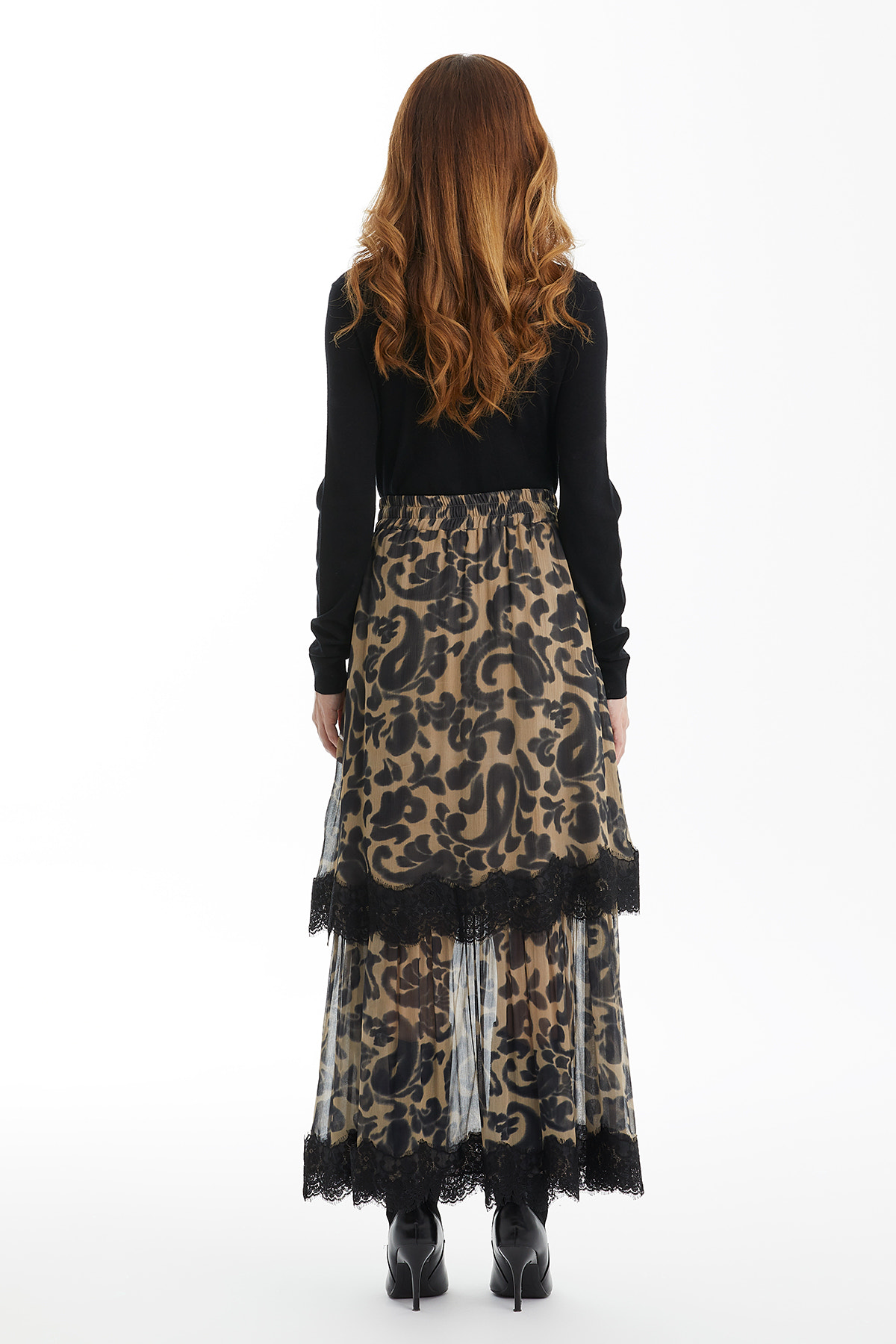 Leopar Desenli Dantel Detaylı Etek