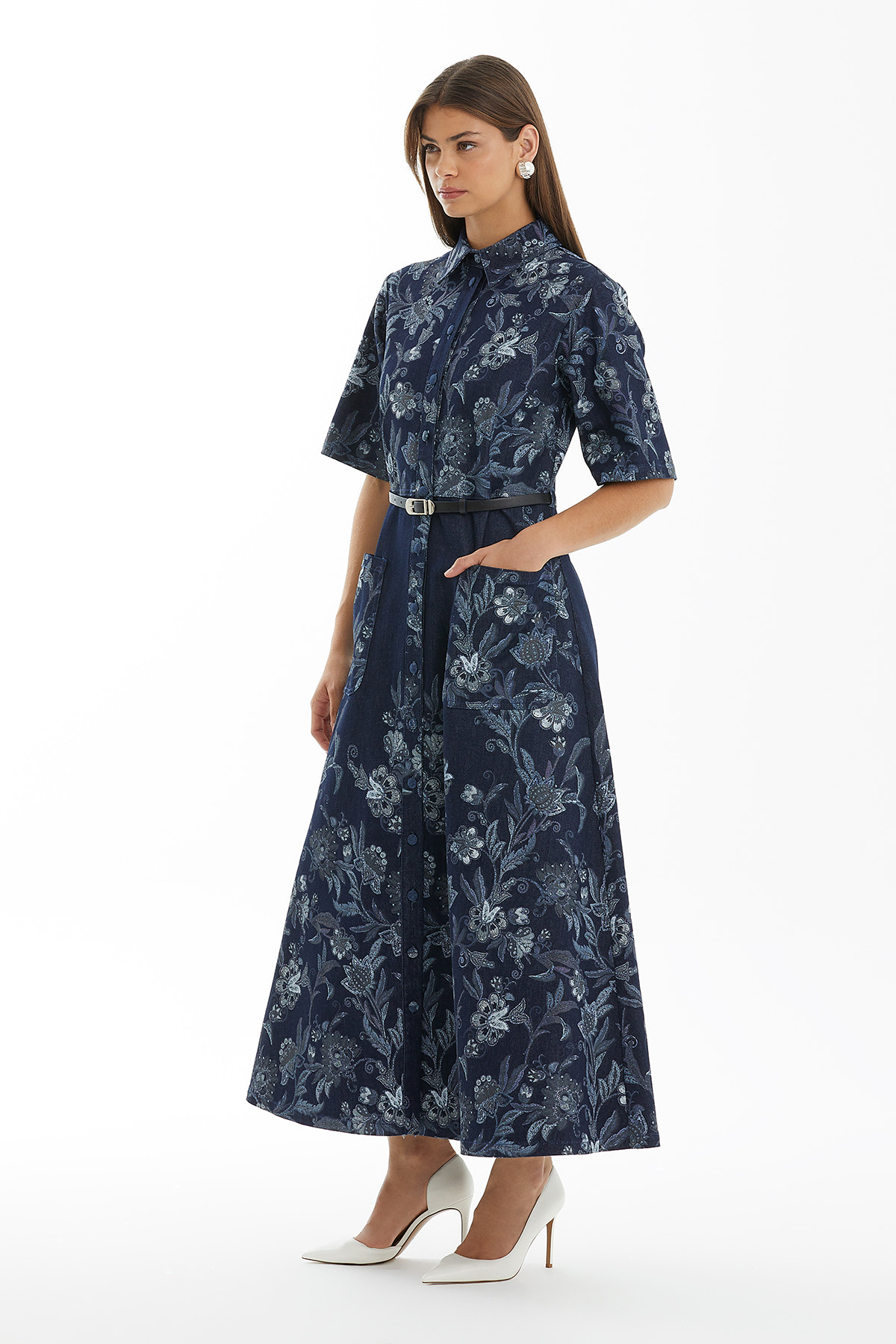 Kuşaklı Desenli Uzun Denim Elbise
