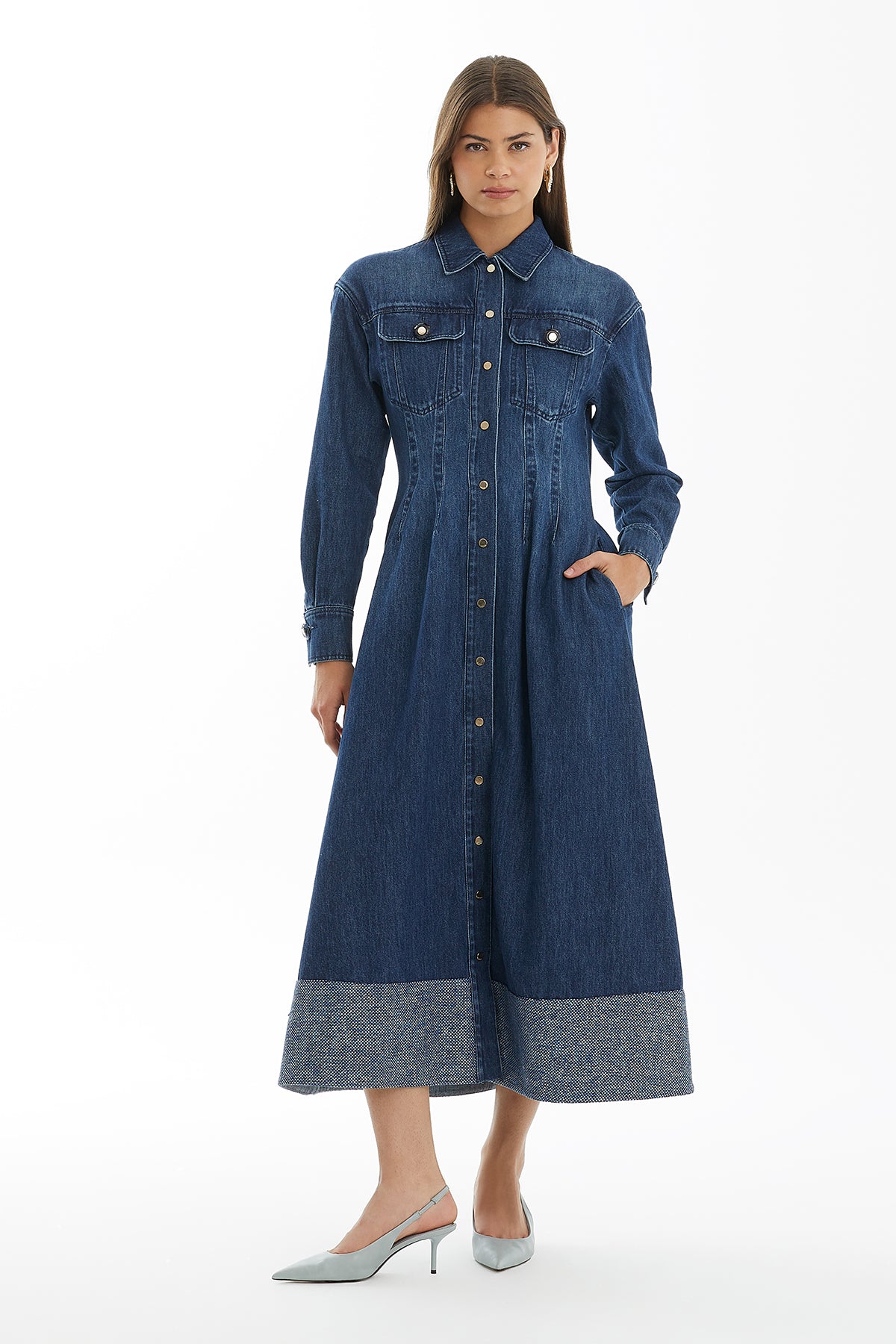 Çıtçıt Kapamalı Mavi Denim Elbise