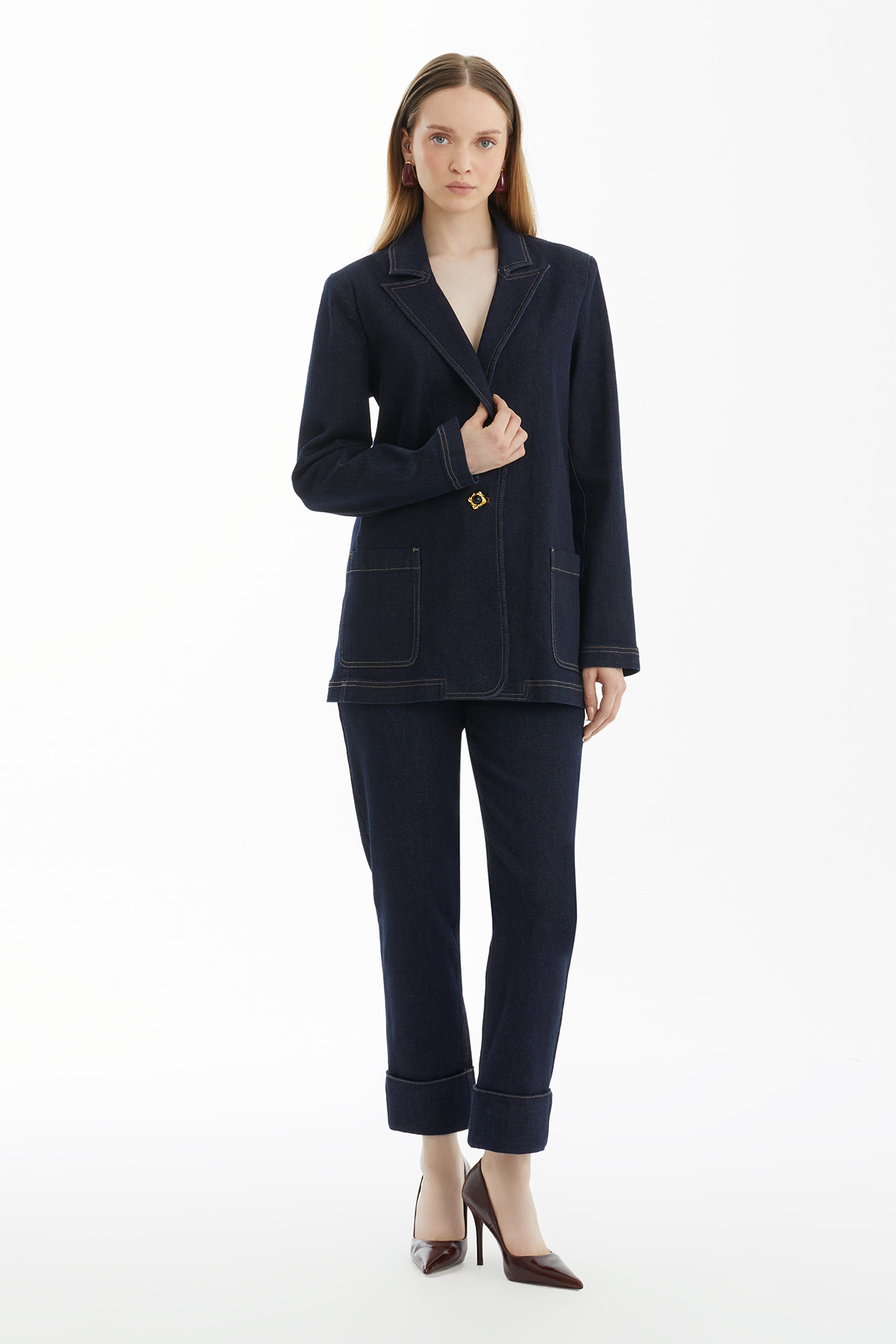 Mono Kapamalı Lacivert Denim Ceket