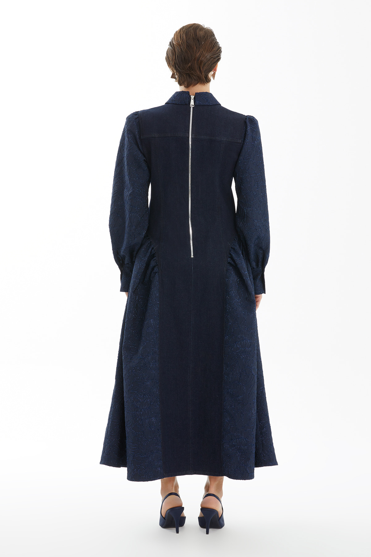 Jakar Ve Denim Kontrastlı Kemerli Lacivert Elbise