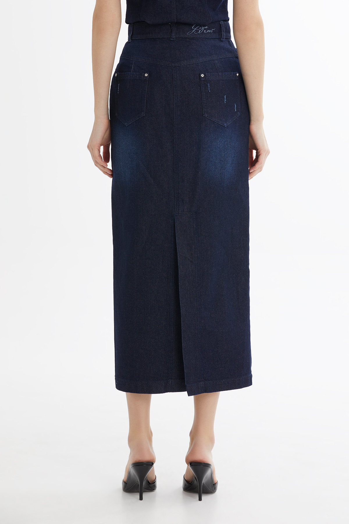 İşleme Detaylı Denim Kalem Etek