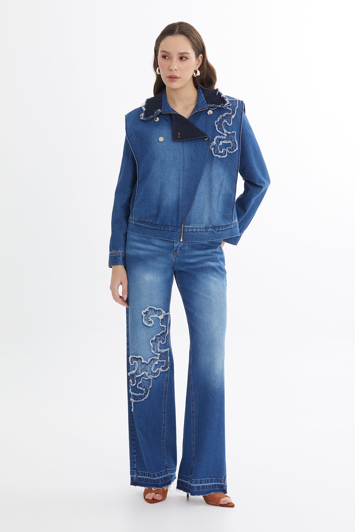 Nakışlı Mavi Denim Ceket