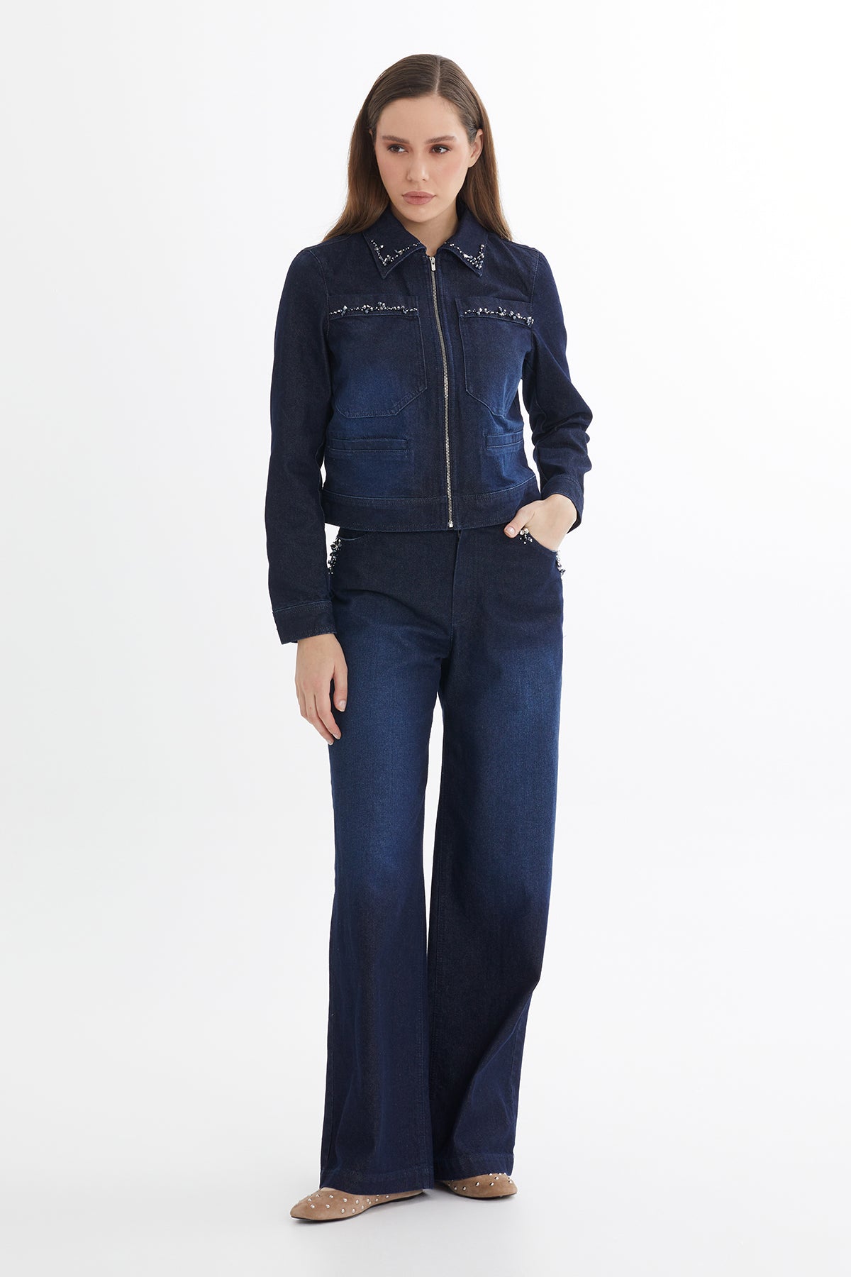 İşleme Detaylı Denim Ceket