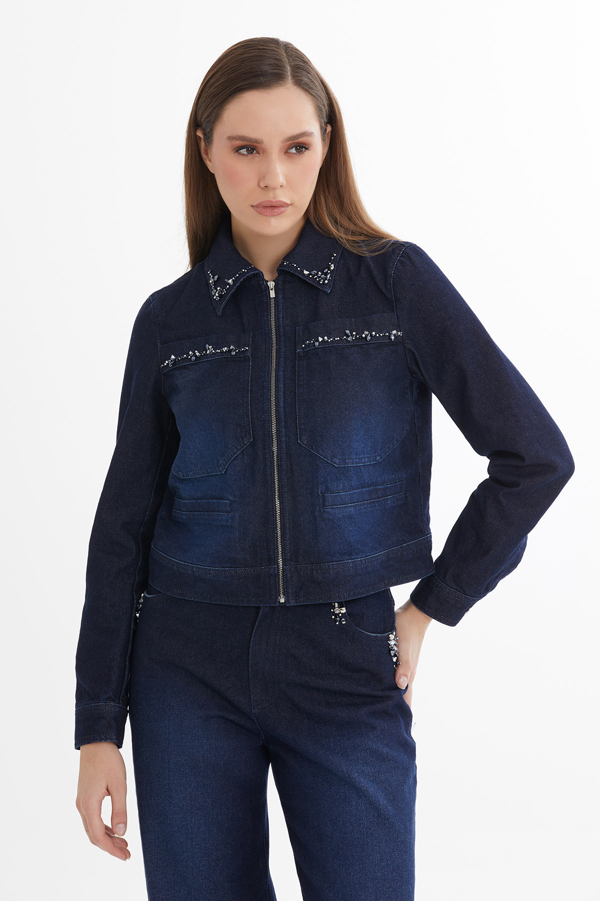 İşleme Detaylı Denim Ceket