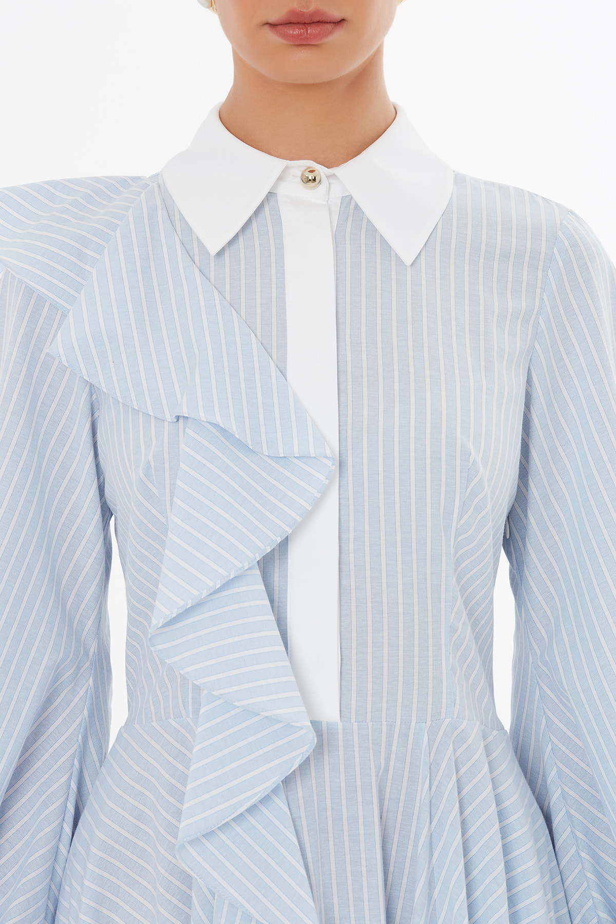 Volan Detaylı Midi Boy Beyaz Mavi Elbise