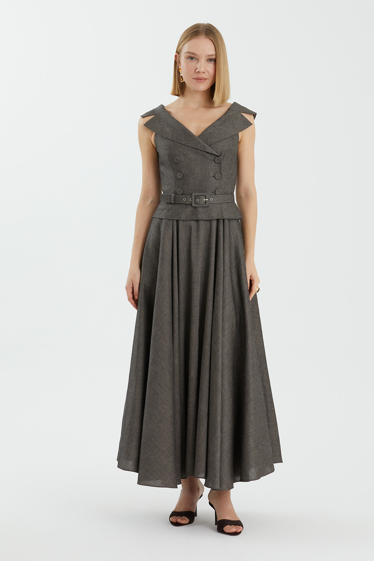 Kemerli Pileli Maxi Gri Elbise