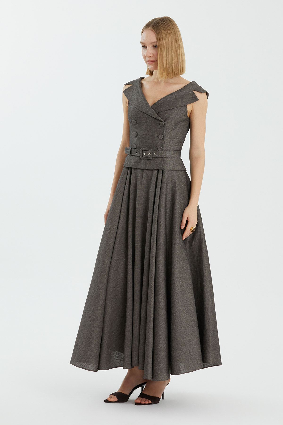 Kemerli Pileli Maxi Gri Elbise