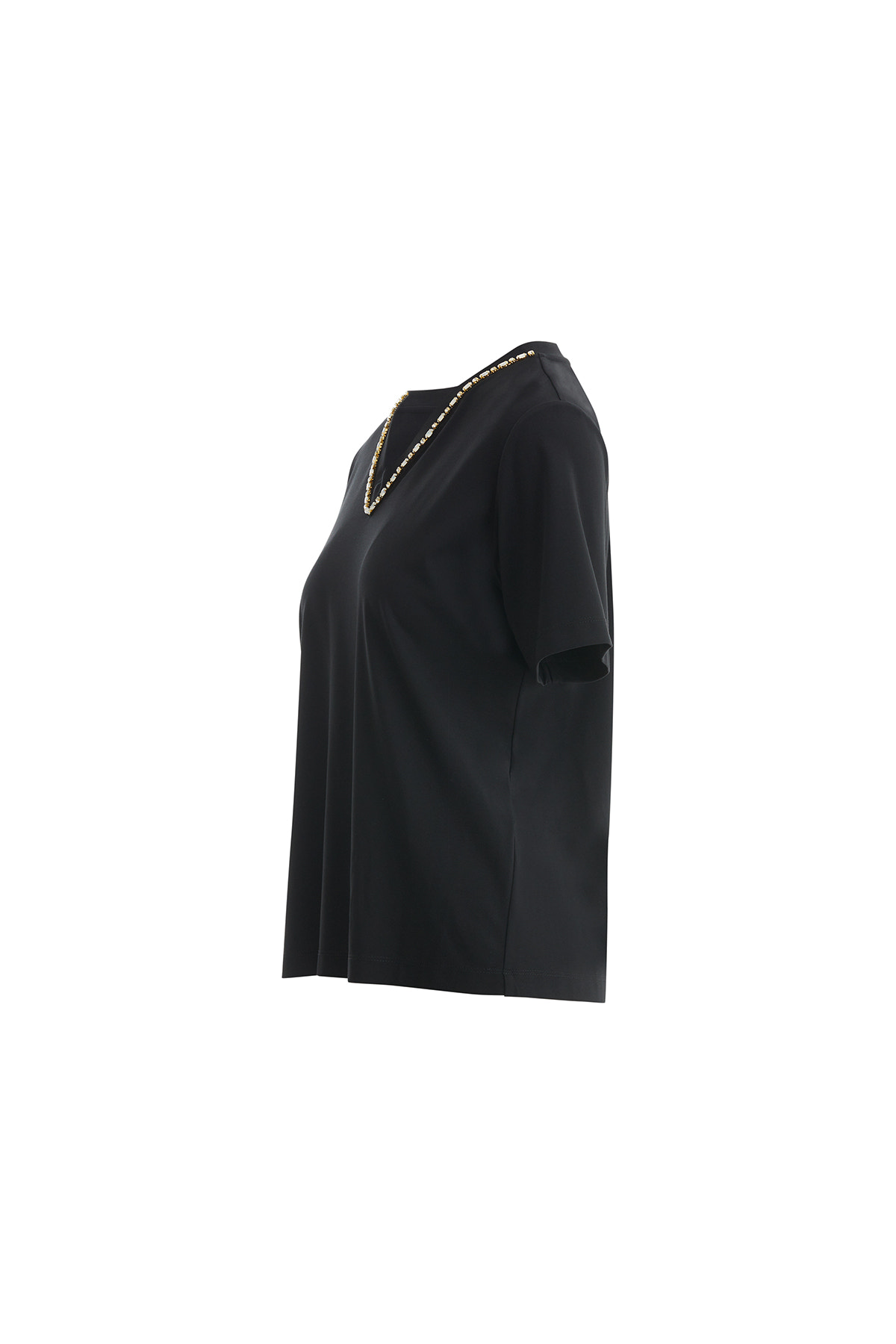 Yakası İşleme Taş Detaylı Siyah T-Shirt