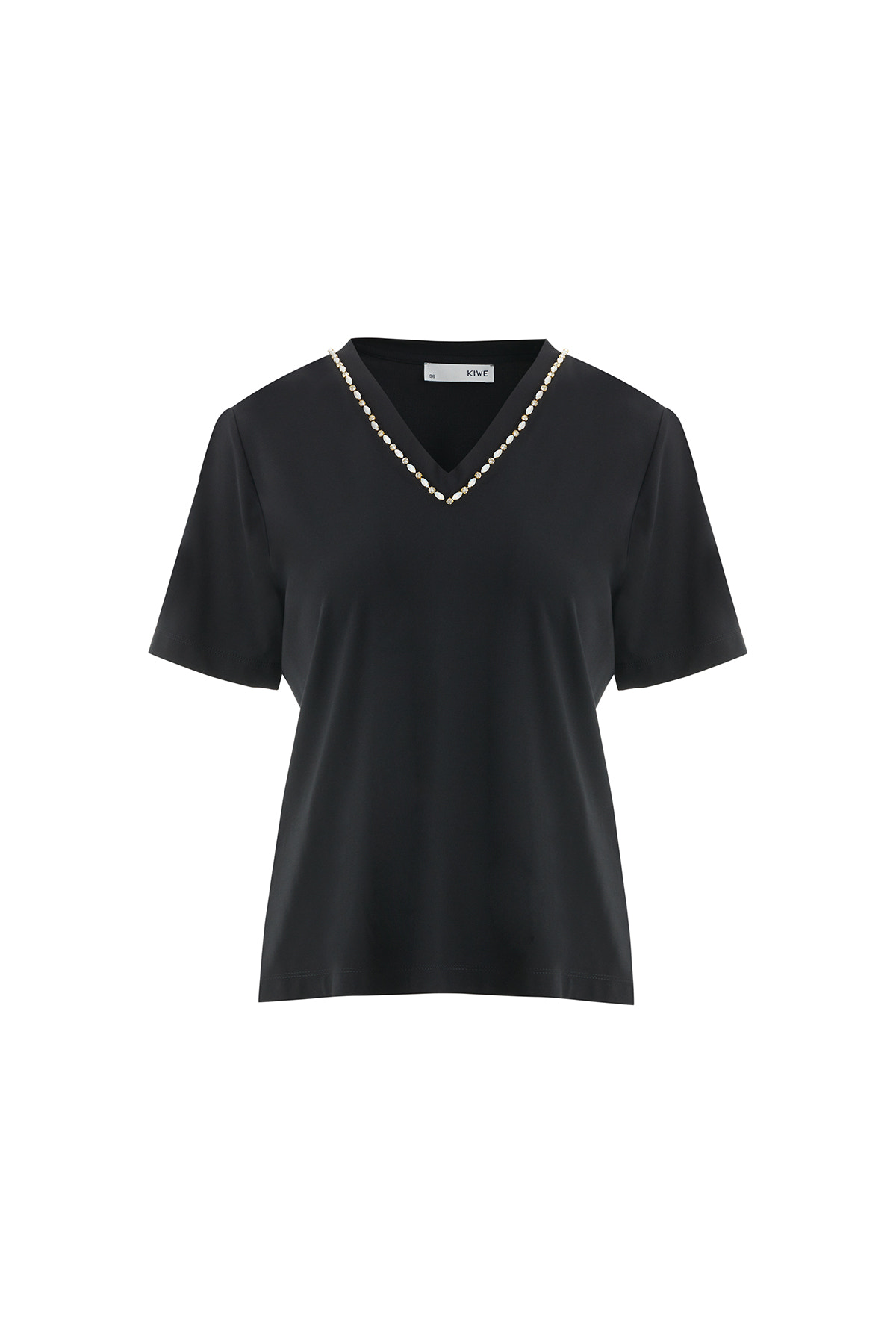 Yakası İşleme Taş Detaylı Siyah T-Shirt