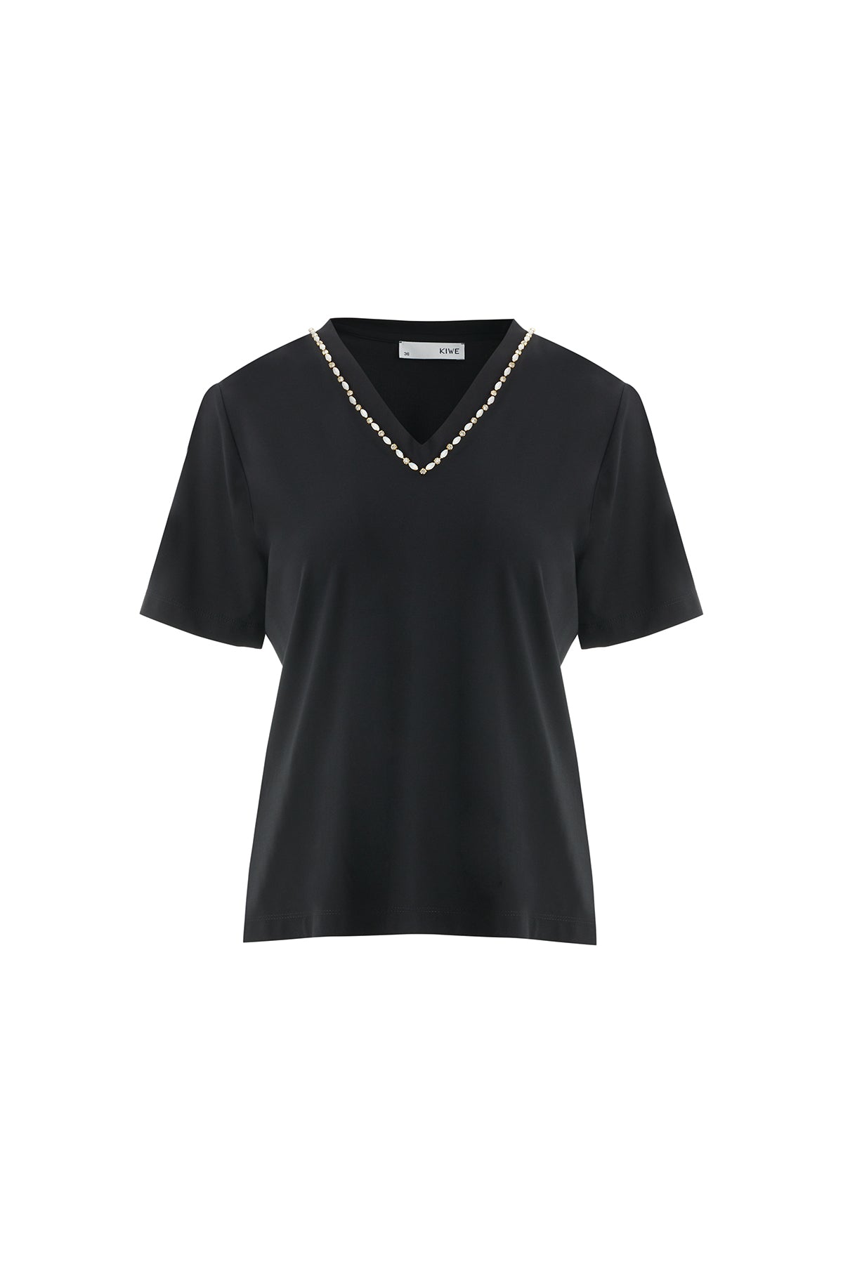 Yakası İşleme Taş Detaylı Siyah T-Shirt