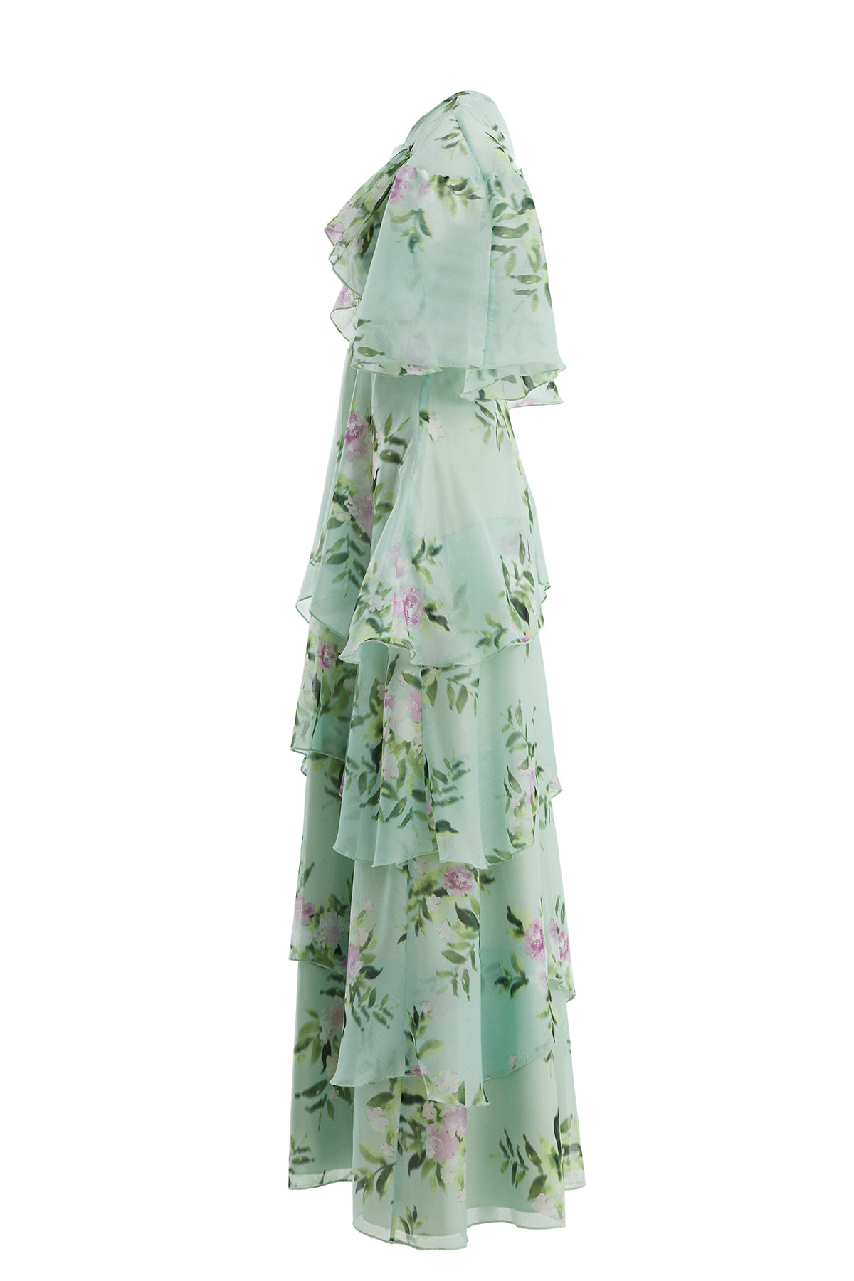 İşlemeli Desenli Volanlı Yeşil Elbise