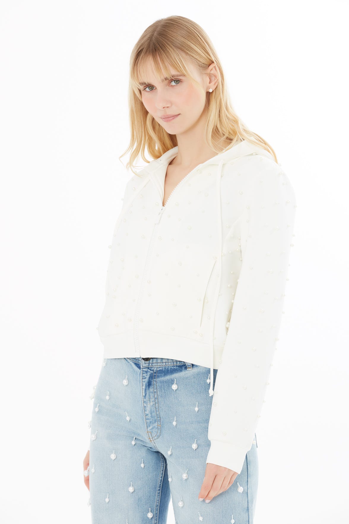 Kapüşonlu Kısa Ekru Sweatshirt