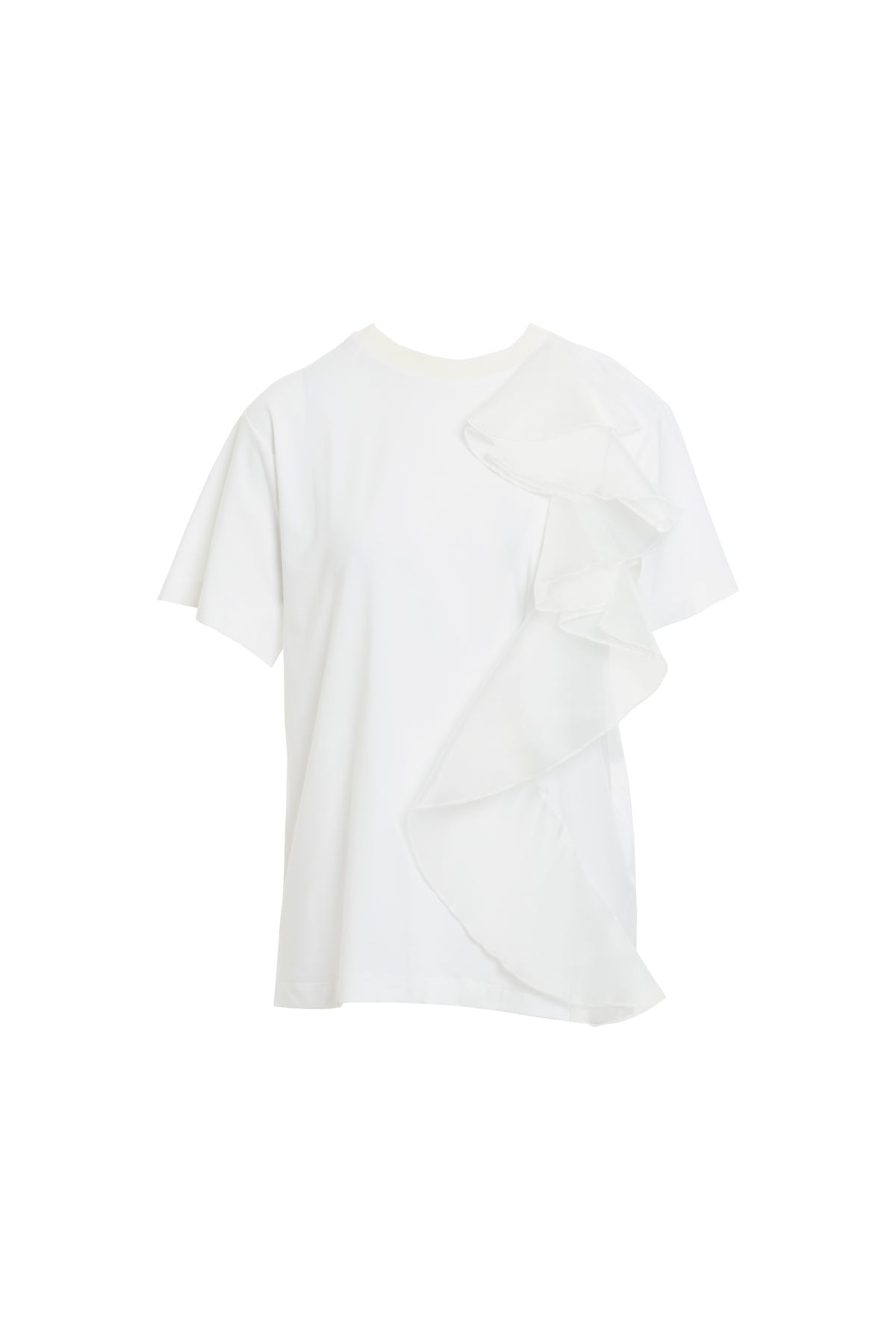 Yuvarlak Yaka Volanlı Kısa Kollu Beyaz T-Shirt