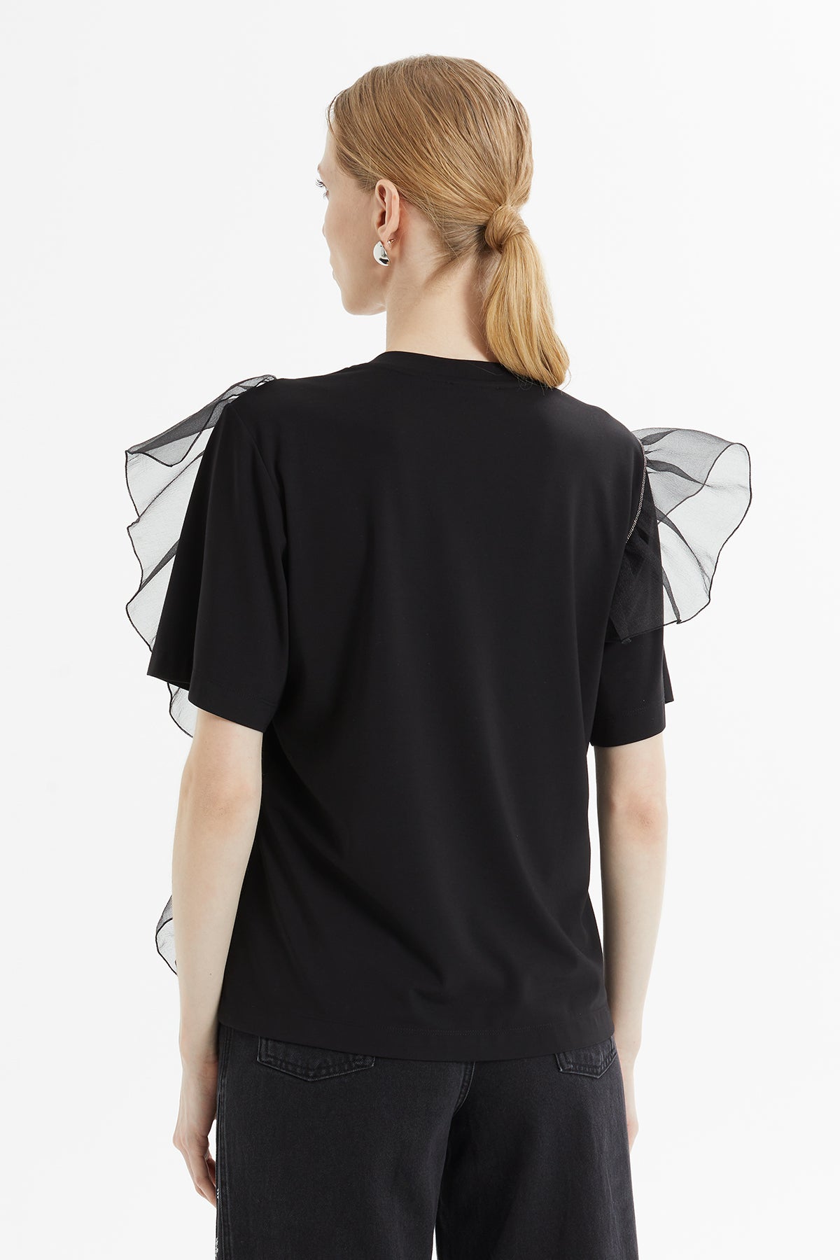 Kol Ve Omzu Tül Volan Detaylı Kısa Kollu Ekru T-Shirt