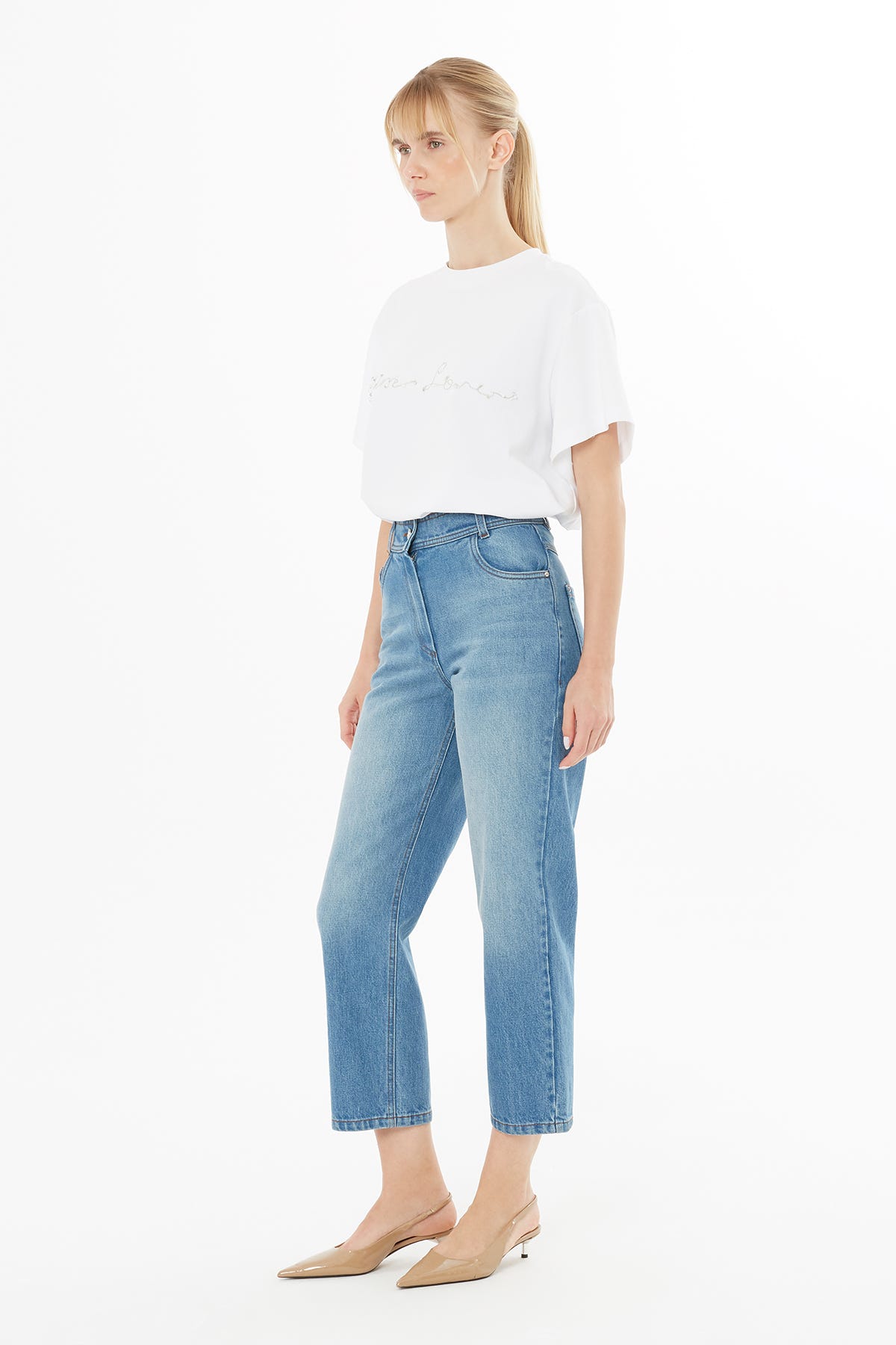 Rivet Detaylı Yüksek Bel Jean Pantolon
