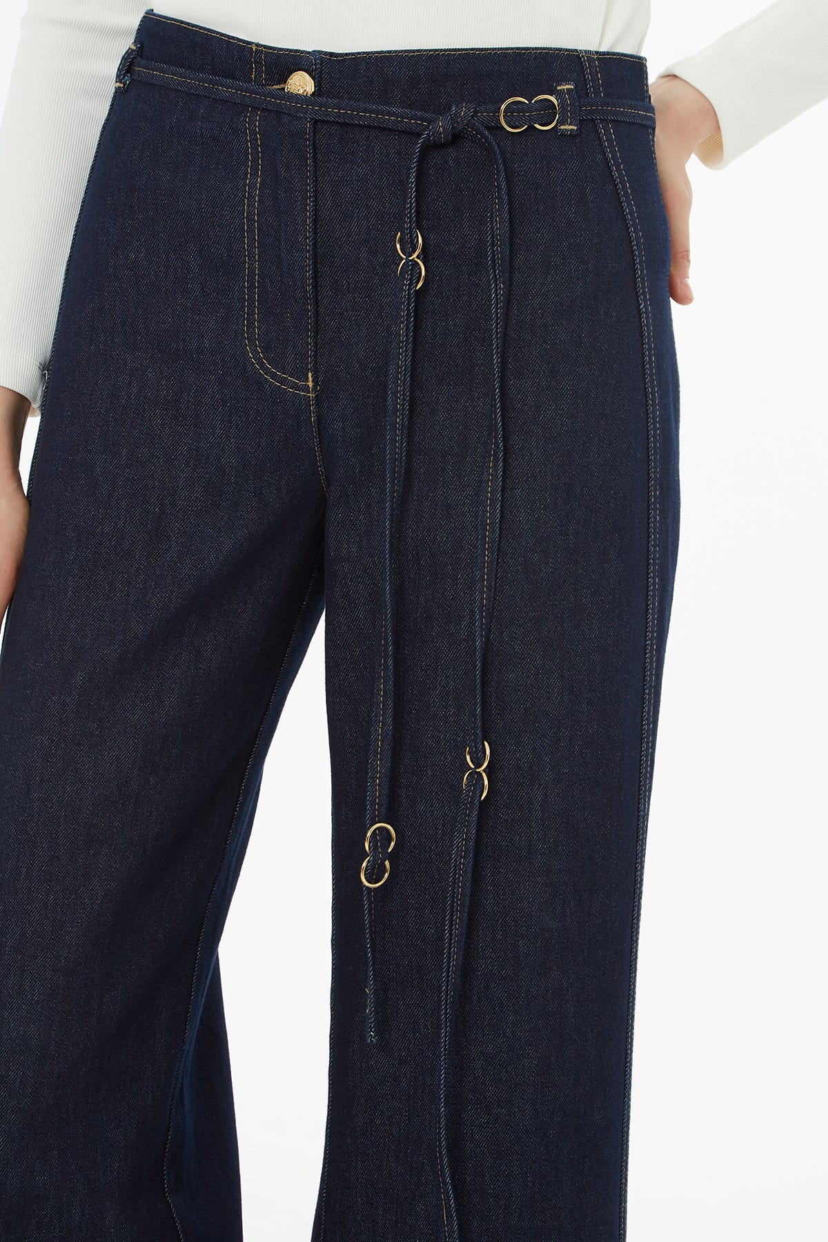 Duble Paçalı Kuşaklı Jean Pantolon