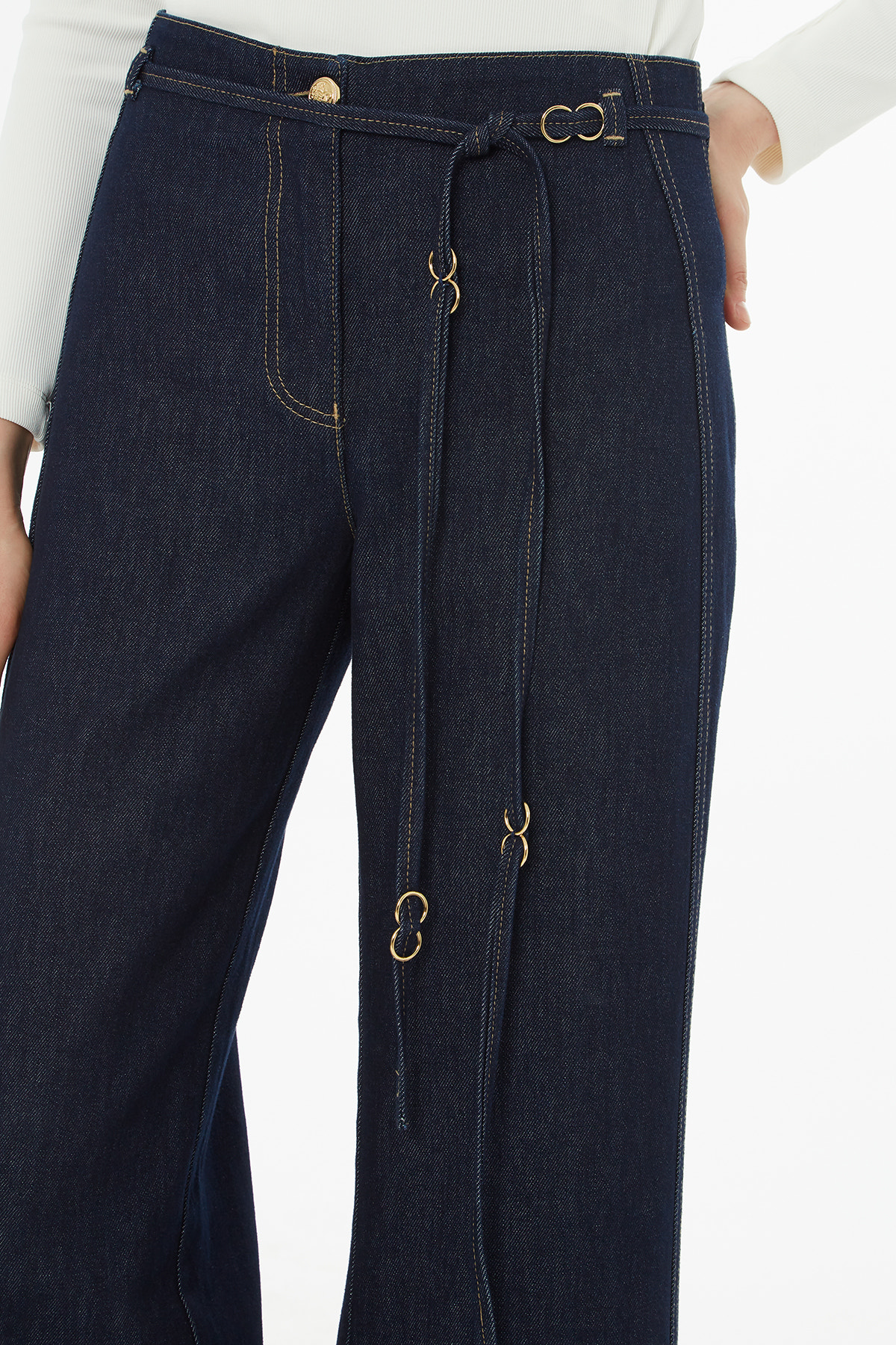Duble Paçalı Kuşaklı Jean Pantolon