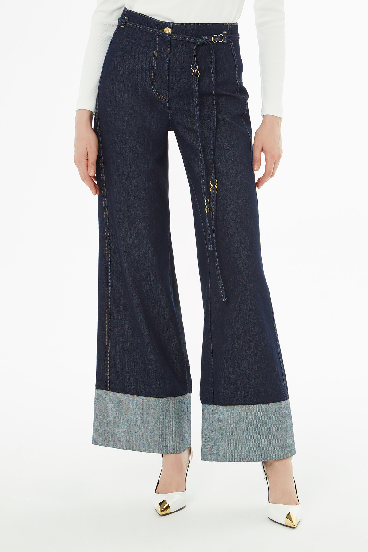 Duble Paçalı Kuşaklı Jean Pantolon