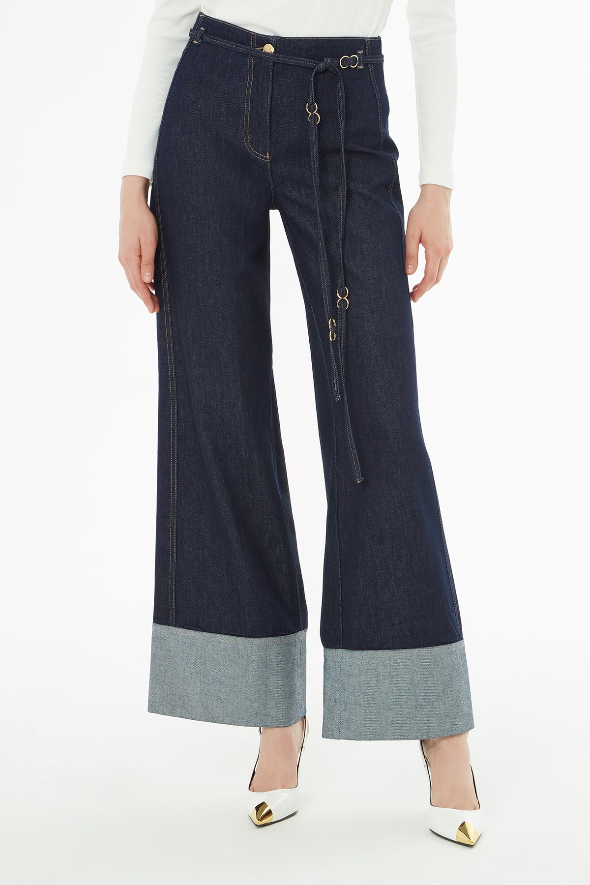 Duble Paçalı Kuşaklı Jean Pantolon