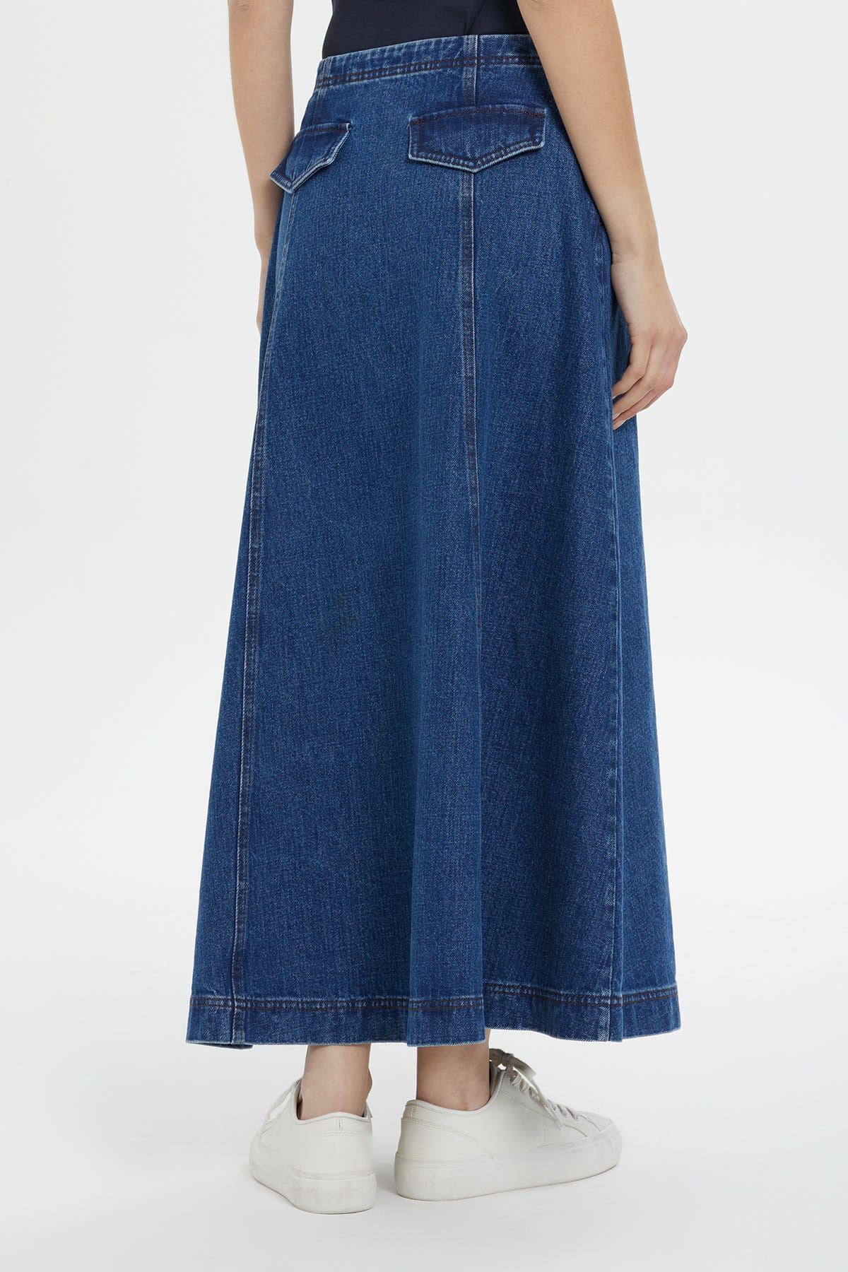 Cep Detaylı Uzun Denim Etek
