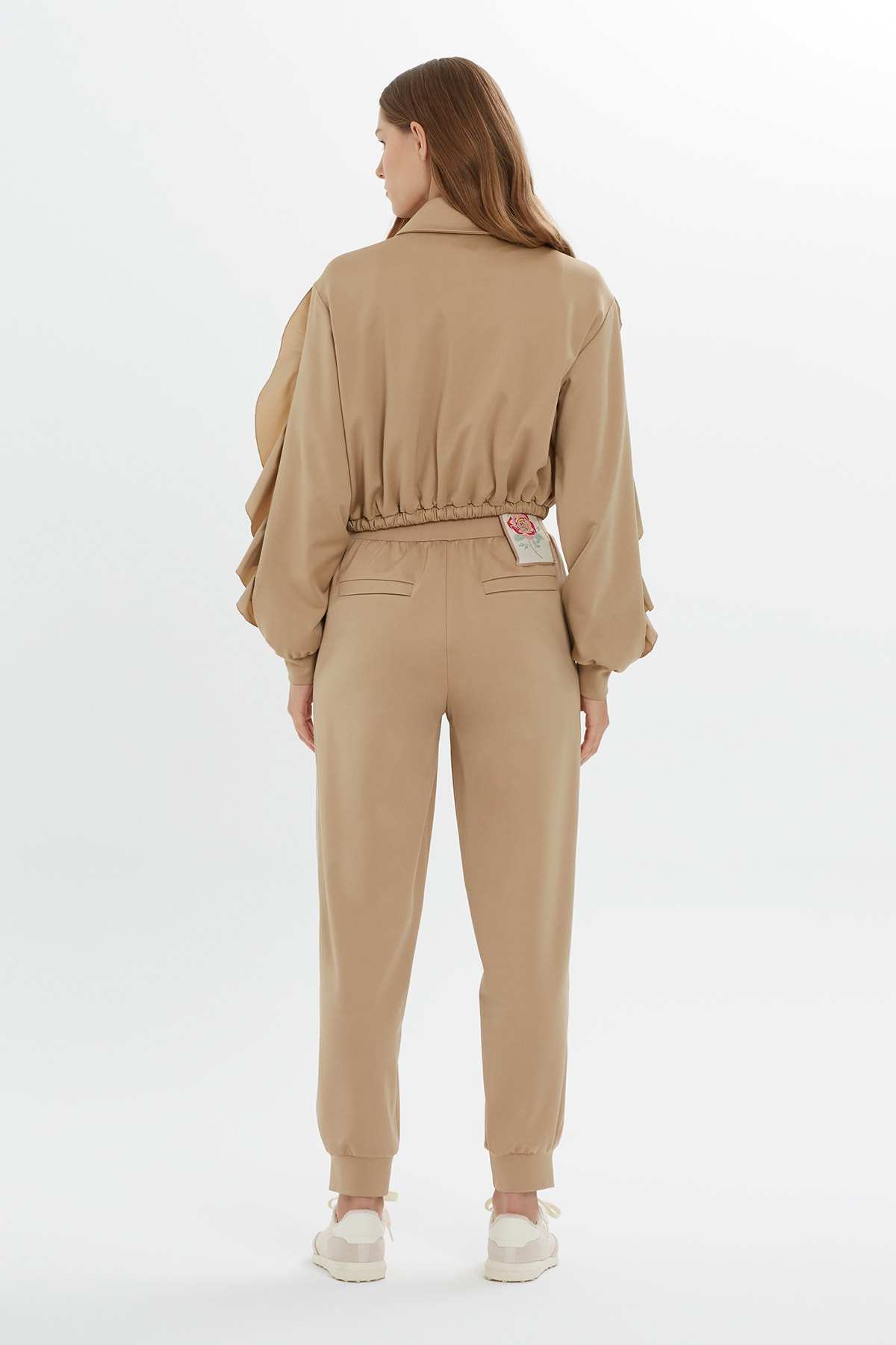 Şerit Detaylı Kolları Fırfırlı Sweatshirt