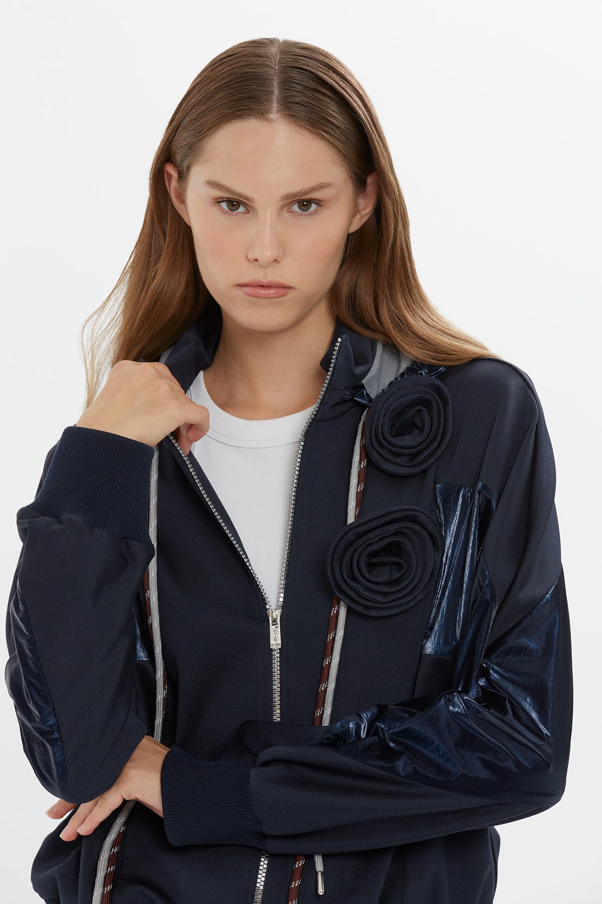 Gül Detaylı Mavi  Sweatshirt