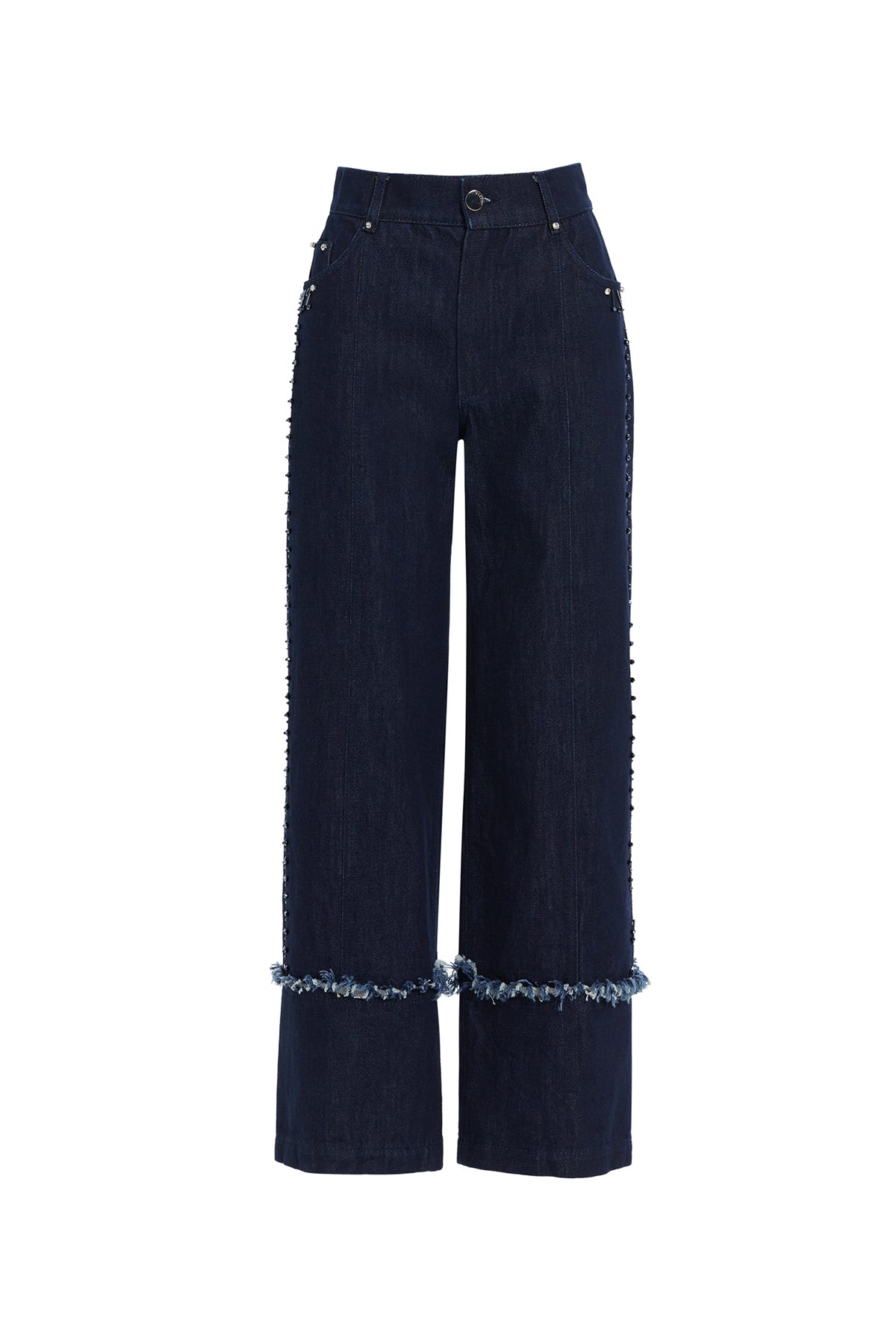 İşleme Detaylı Geniş Paça Jean Pantolon