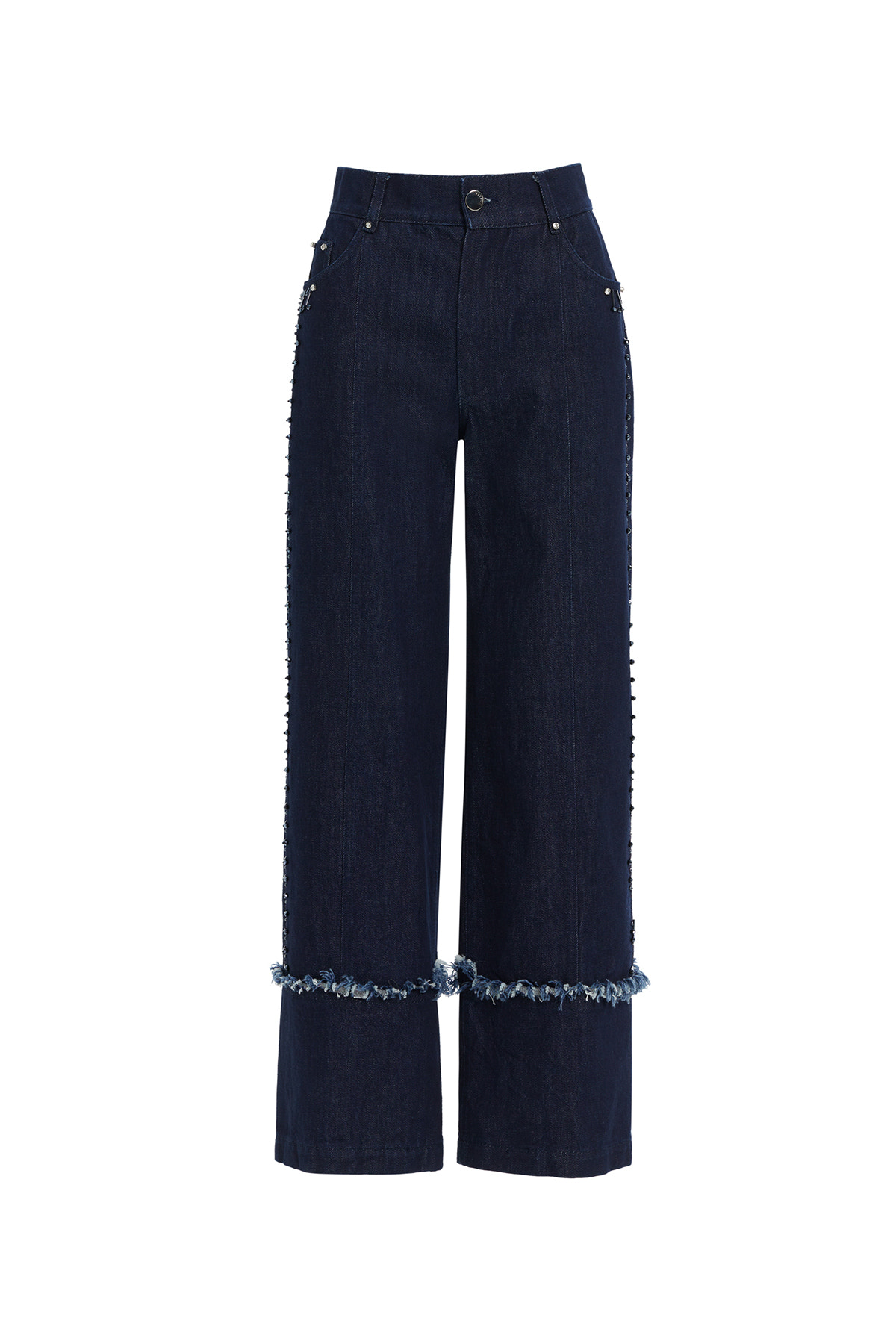 İşleme Detaylı Geniş Paça Jean Pantolon