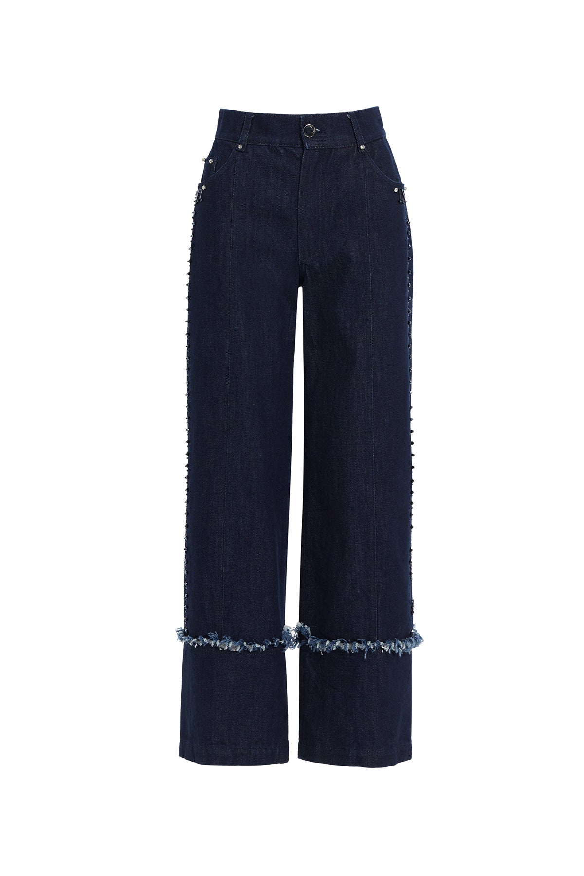 İşleme Detaylı Geniş Paça Jean Pantolon