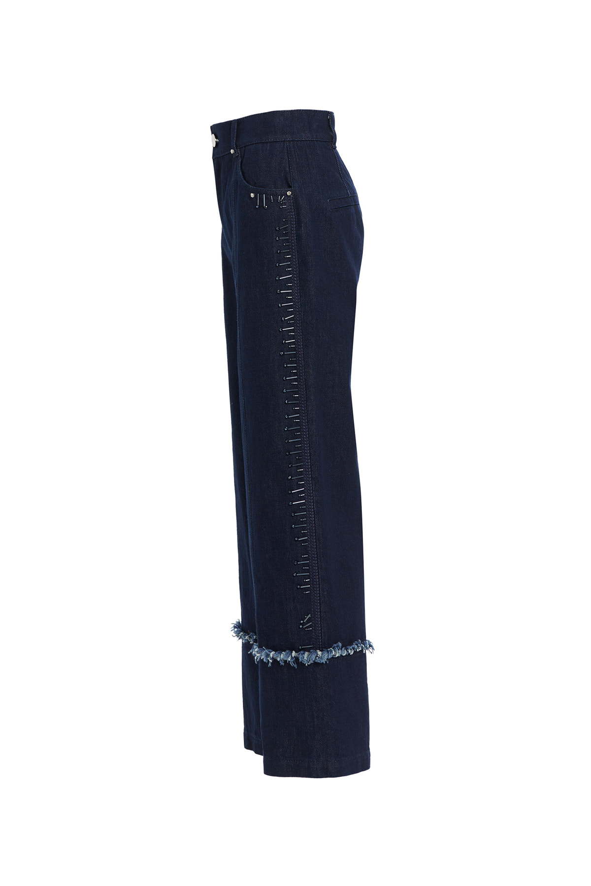 İşleme Detaylı Geniş Paça Jean Pantolon
