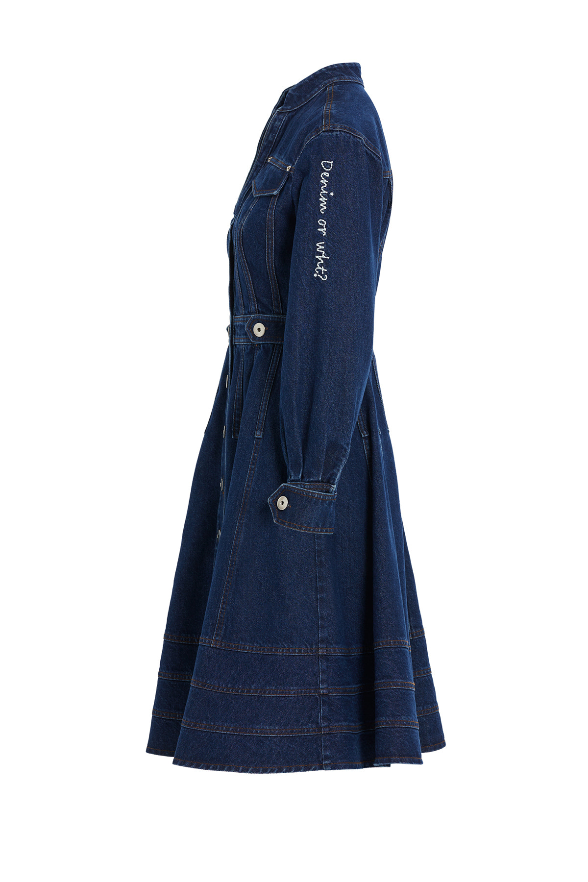 Düğme Detaylı Uzun Kollu Denim Midi Elbise