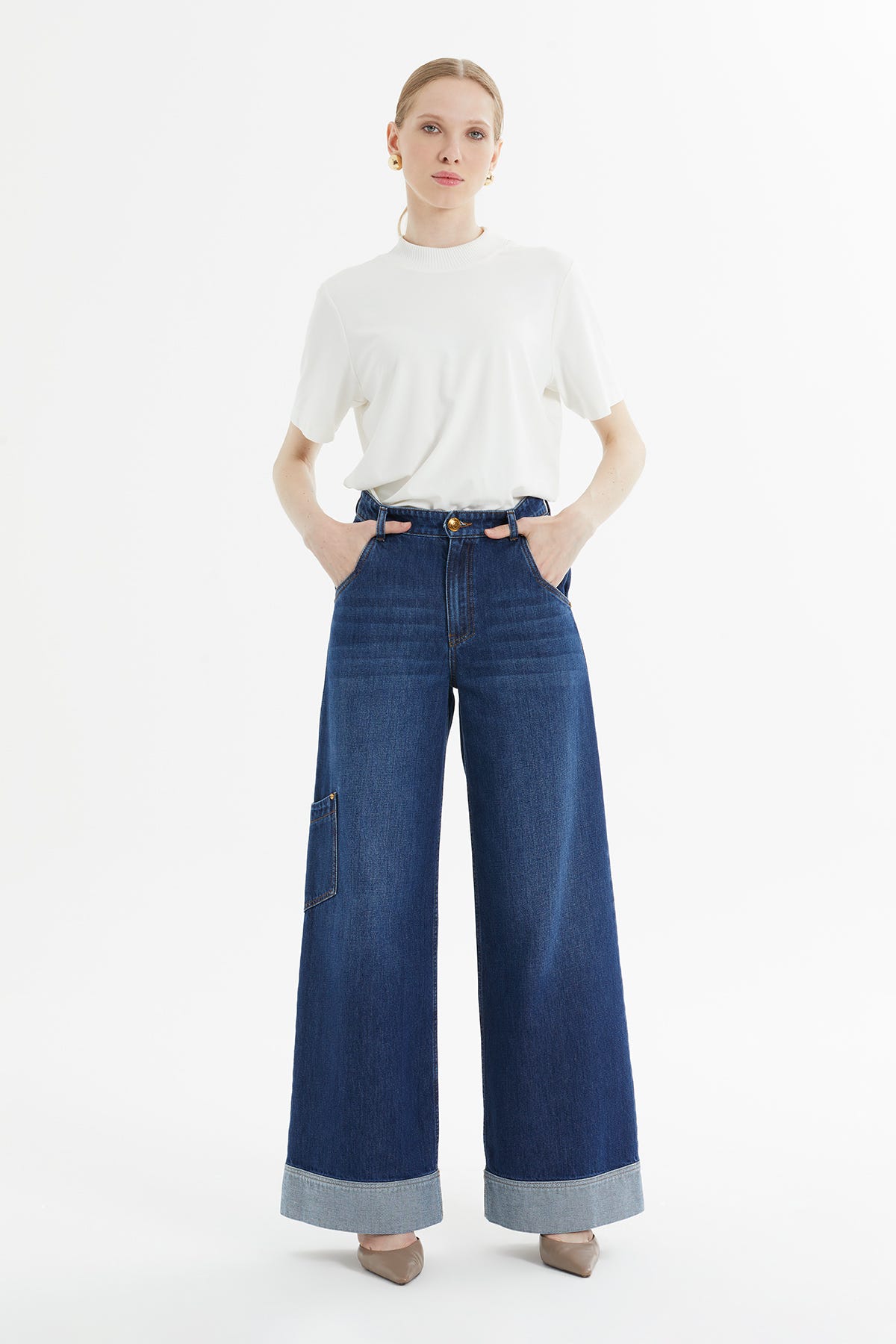 Geniş Paça Kıvrımlı Jean Pantolon