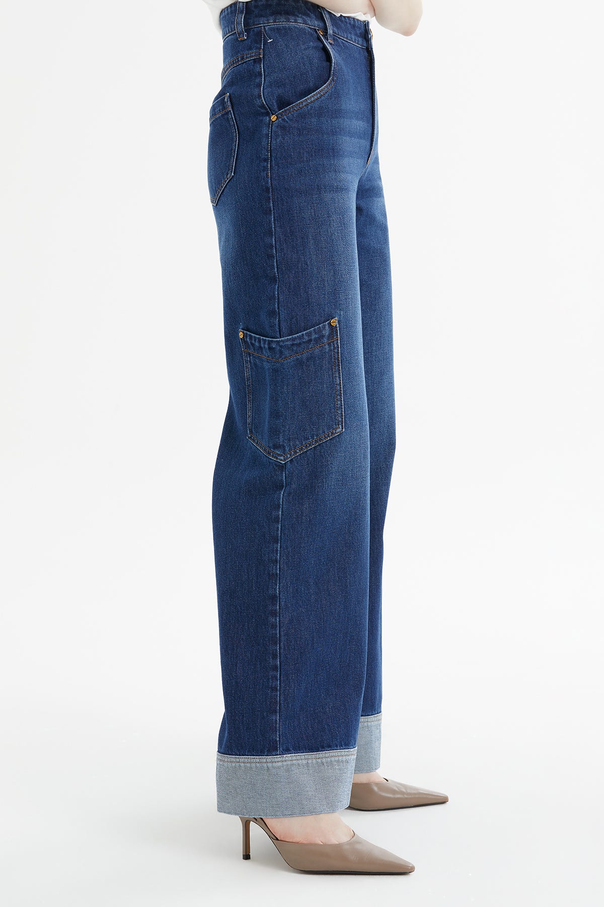 Geniş Paça Kıvrımlı Jean Pantolon