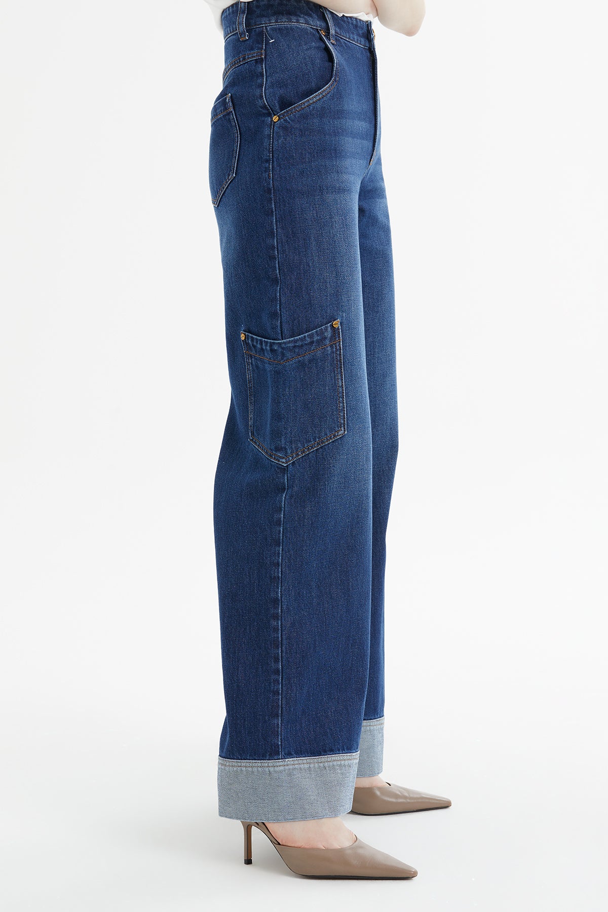 Geniş Paça Kıvrımlı Jean Pantolon