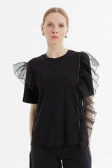 Kol Ve Omzu Tül Volan Detaylı Kısa Kollu T-Shirt