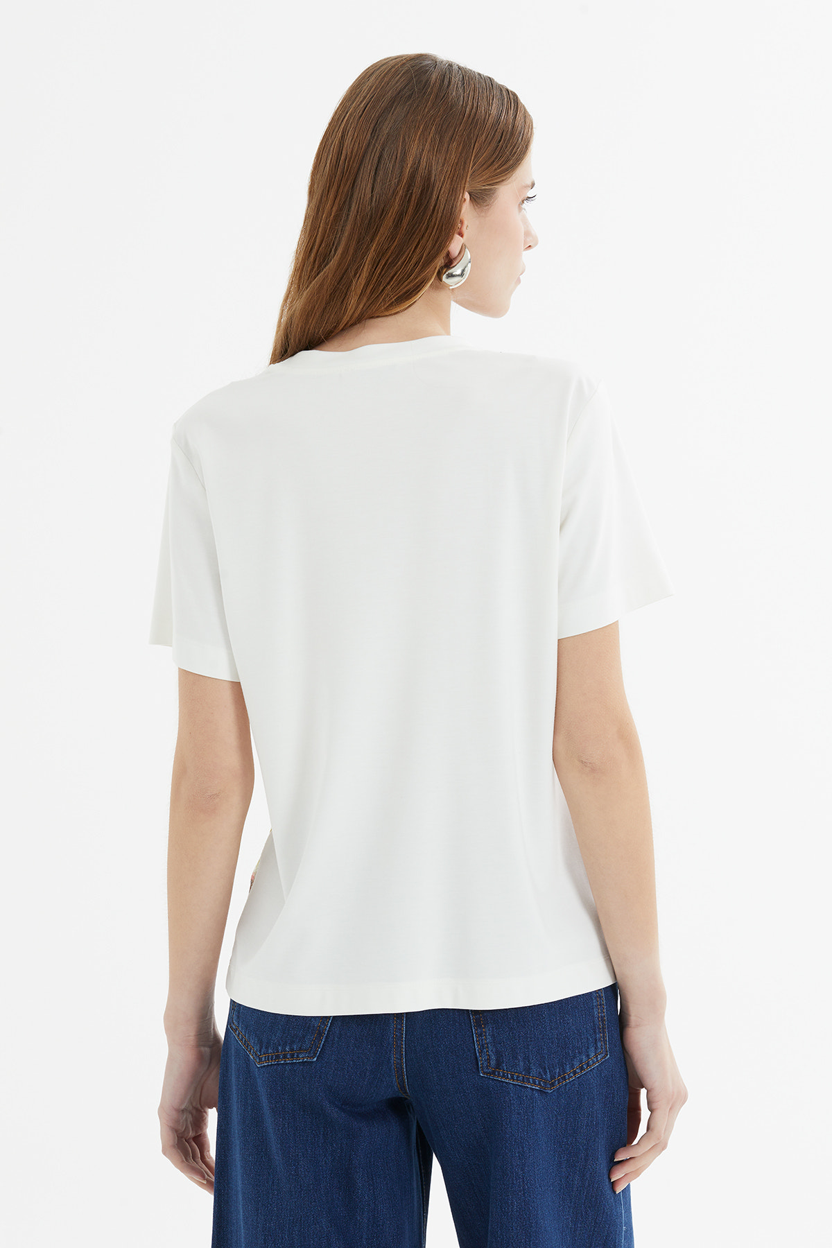 Ön Beden Pul Payet Desenli Kısa Kollu T-shirt