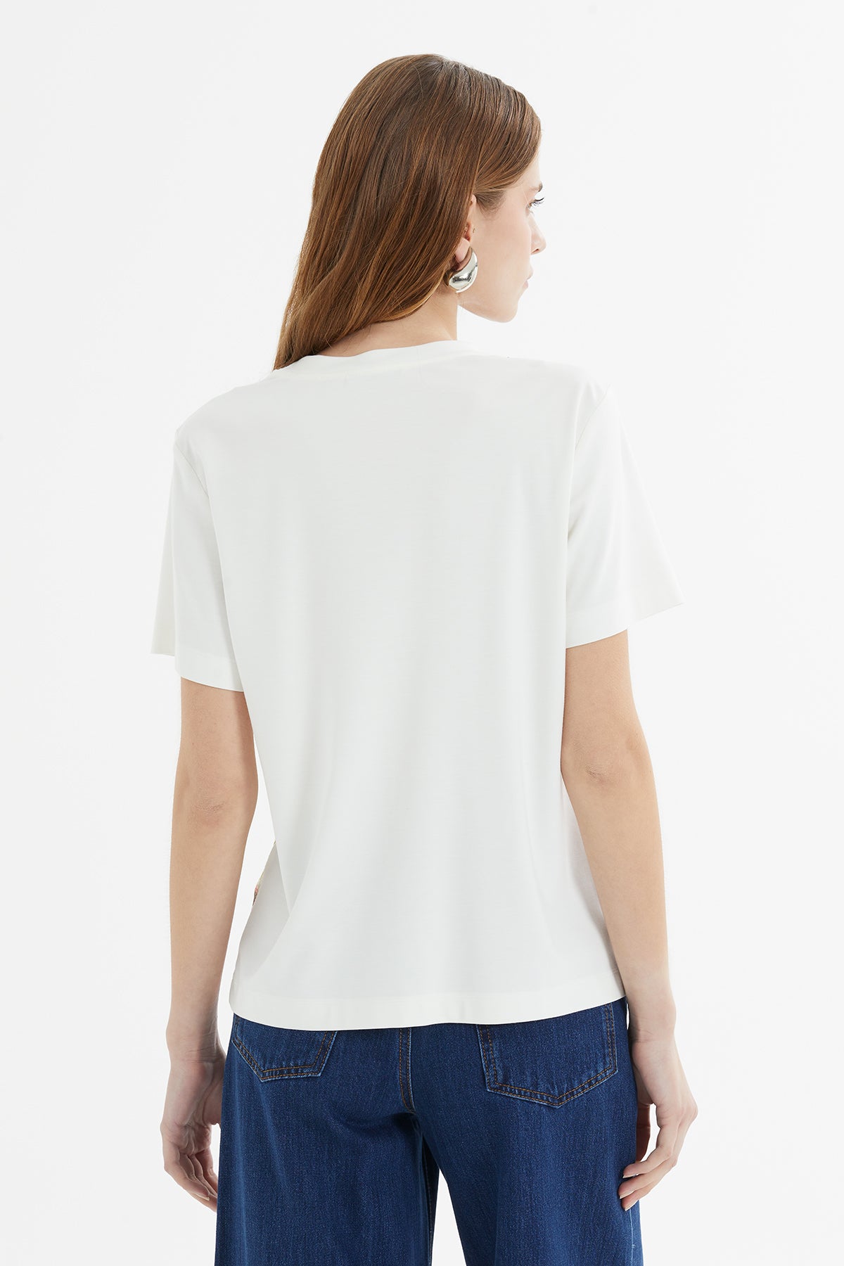 Ön Beden Pul Payet Desenli Kısa Kollu T-shirt