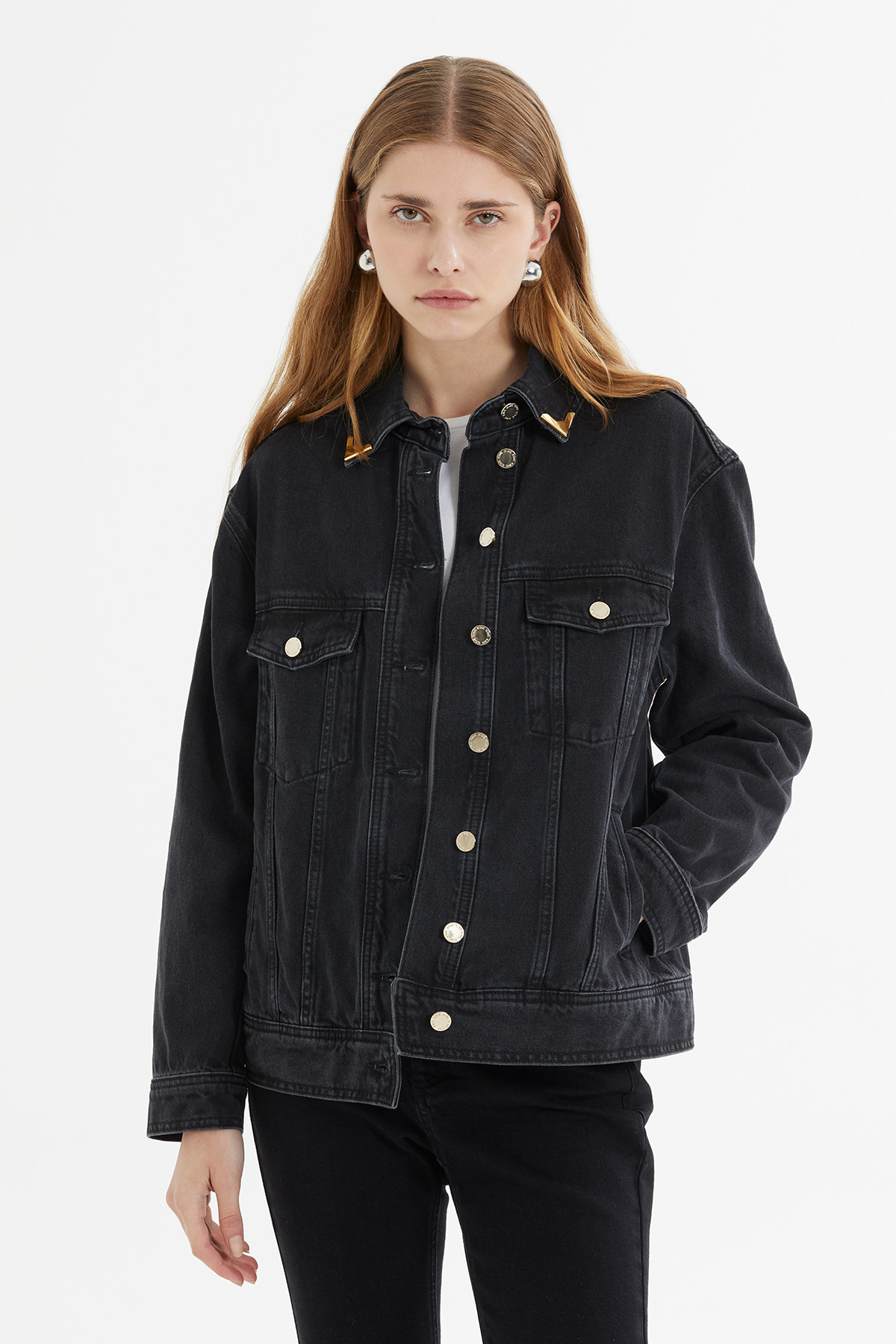 Yaka Aksesuar Detaylı Oversize Denim Ceket